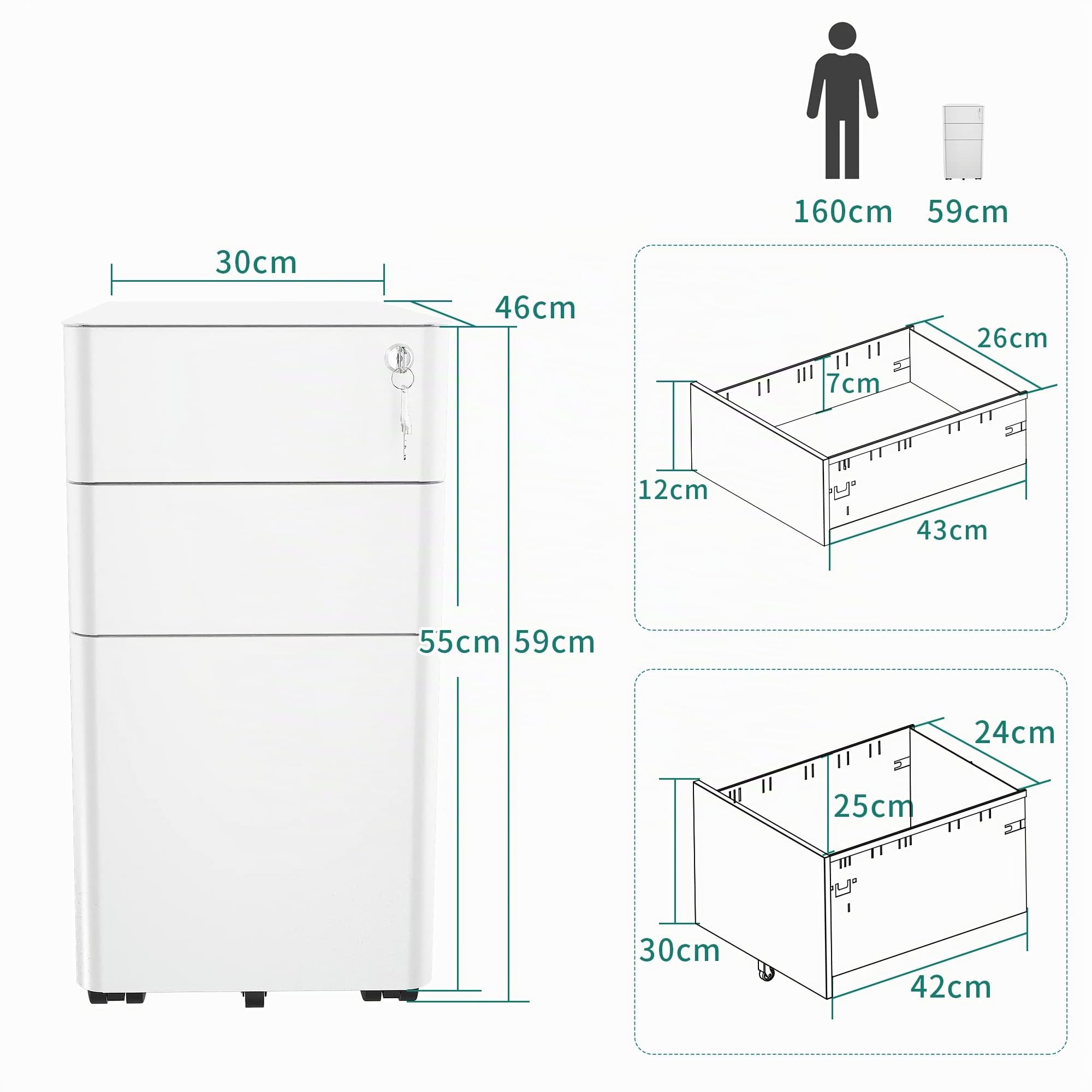 YITAHOME Cajonera de Oficina con 3 Cajones, Armario Archivador Metalico con Ruedas, Móvil Mueble Oficina Archivador con Cerradura y Llave para Carta/A4, Blanco, 46 x 30 x 59cm