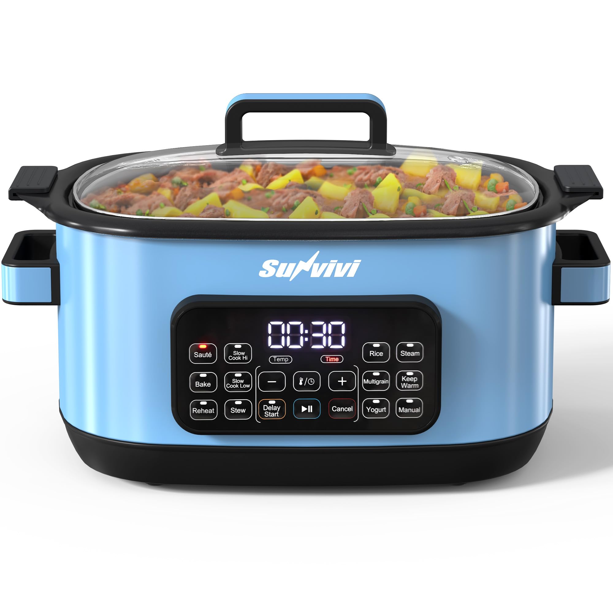 Sunvivi 12-in-1 Multi Slow Cooker Roaster Oven 6 5QT Sliver Digital Programmable Slow Cooker with Rack Large Removable