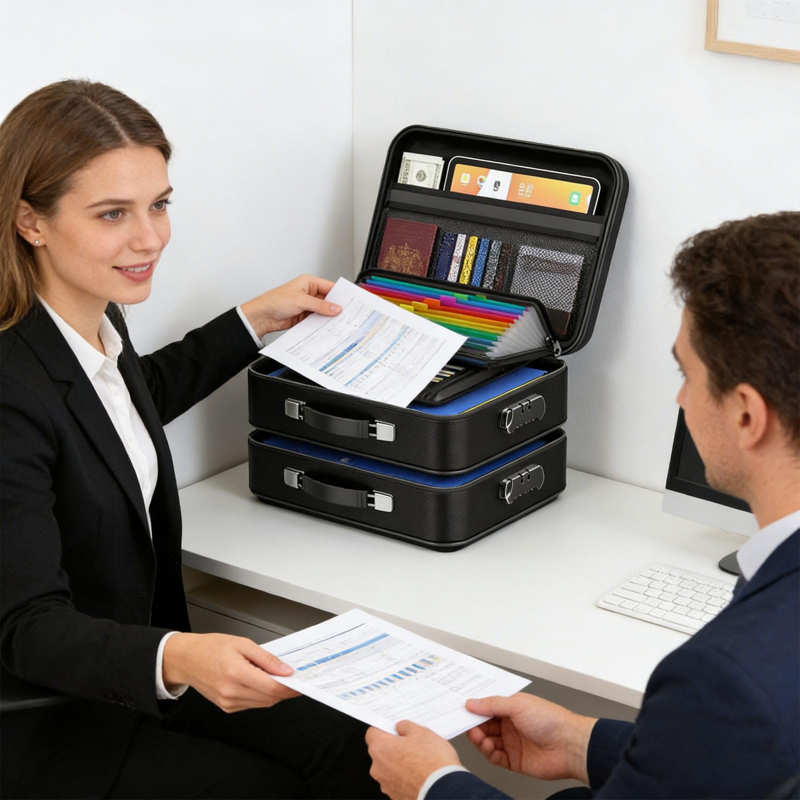 Scatola portadocumenti ignifuga, maniglia ergonomica e scomparto multiplo per documenti da ufficio Scatola portadocumenti ignifuga multiscomparto con maniglia ergonomica per documenti da ufficio e