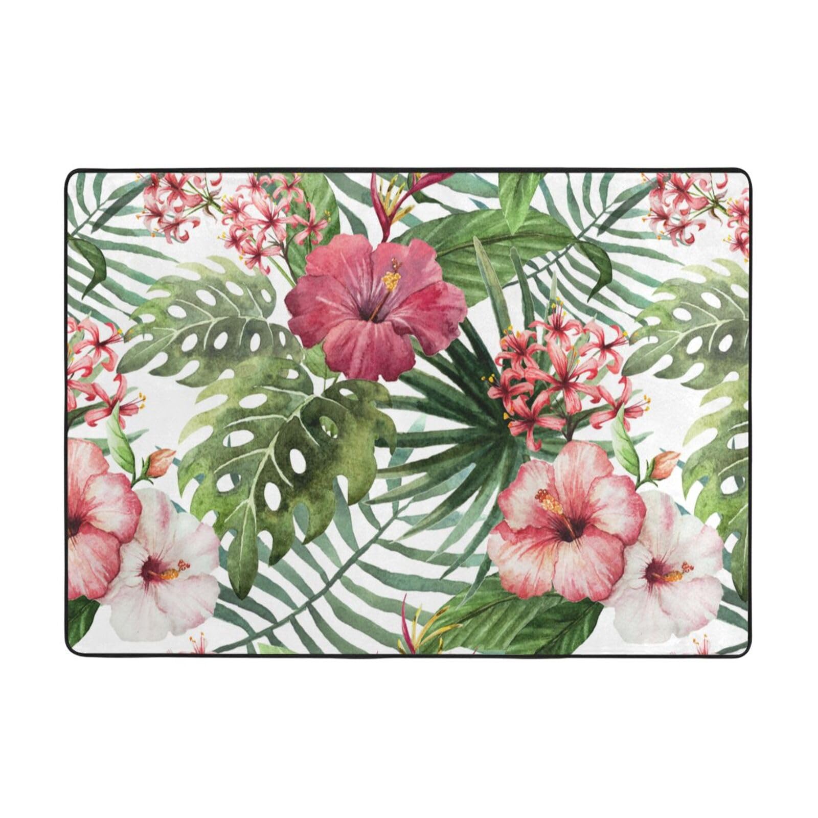 Tapis moderne à poils longs avec motif feuilles tropicales pour salon et chambre