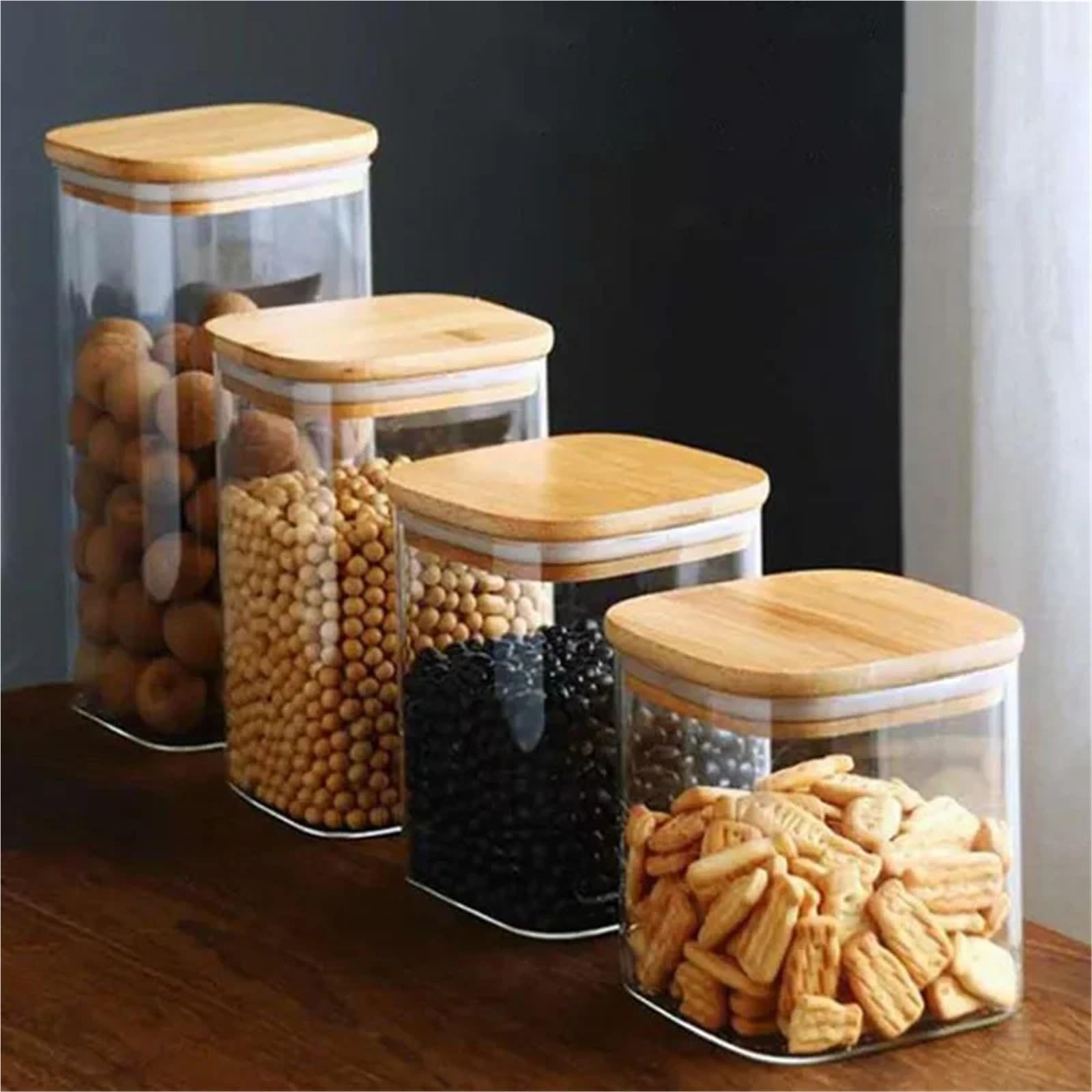 Barattolo for alimenti in vetro trasparente quadrato da 4 pezzi con coperchio, contenitore for tè e caffè, for snack, noci, scatola sigillata, organizzatore cucina Per Biscotti(10x10cm)