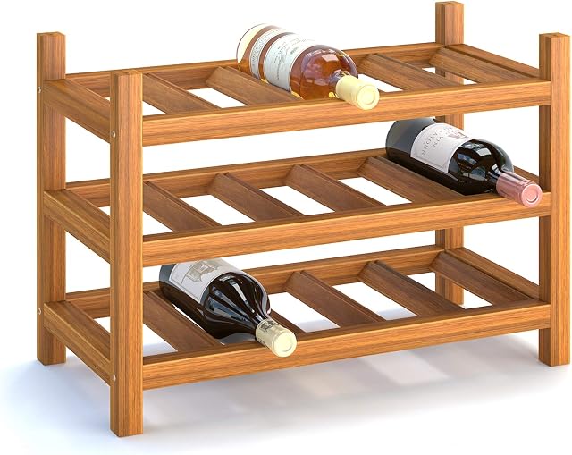 INTERBUILD Solid Hardwood Wine Rack Storage Shelf 3-Tier Stackable Freestanding Wine Bottle Holder 15 Bottles, Golden Teak