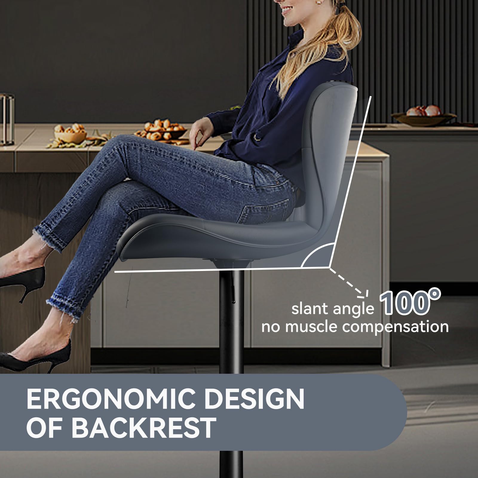 Hawthyhome Barhocker 2er Set Höhenverstellbar mit Lehne Dunkelgrau | 360° Drehbar, Kunstlederbezug, Fußstütze, Barstuhl, Kücheninsel, Heimbar, Esszimmer, BarHocker