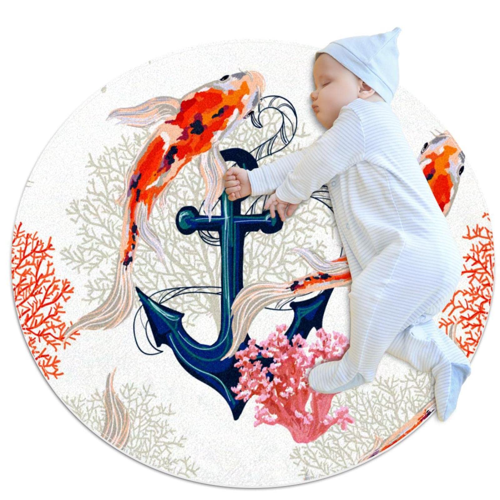 Tapis de salle de bain tropical rond 1m antidérapant avec motif carpes koï