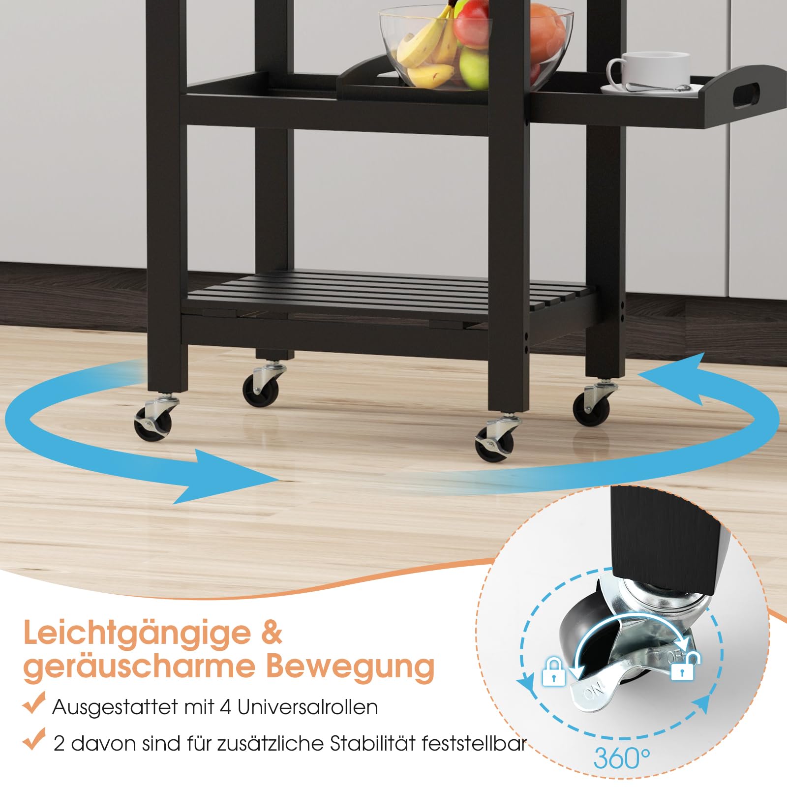 COSTWAY Kleiner Küchenwagen, Servierwagen auf Rollen, Küchenregal mit Arbeitsplatte aus Edelstahl, Schublade & Korb, Rollwagen Küche, Kücheninsel Küchentrolley, 47 x 39 x 85 cm (Schwarz)