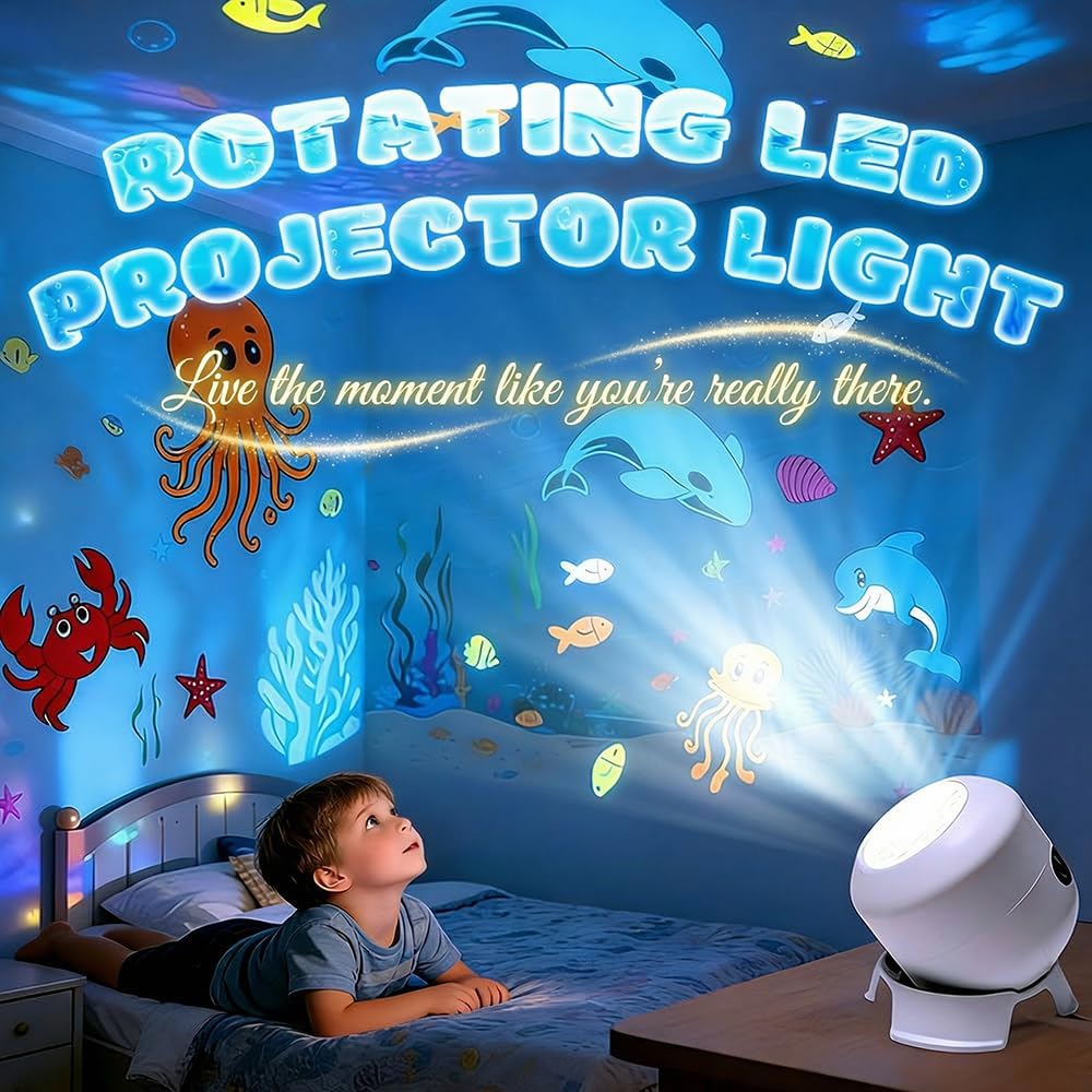 Dynamic Rotating LED Projector Light, 2026 New Colorful Rotating Projection Light, Snowflake Projection Light, Dynamic Ambient Light Strip Base for Bedroom (Ocean, Charging Touch Version)