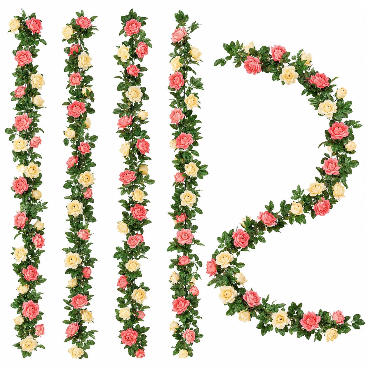 5 Packs 40FT Artificial Rose Garlands - 12.2m Total Length (2.45m Each) with 225 Silk Flower Heads - Faux Rose Vines for Wedding Arch, Garden Fence, Home Party & Photography Backdrop Decor (Pink)