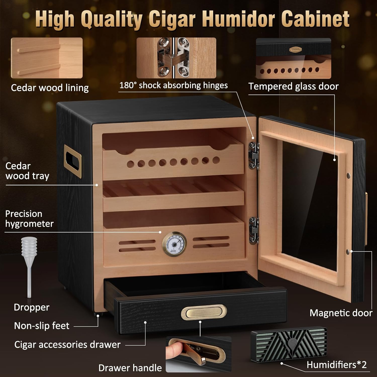 COOL KNIGHT Cigar Humidor Cabinet, Cigar Cabinet Humidor with Spanish Cedar Wood Drawer, Precision Hygrometer, 2 Humidifiers and Cigar Accessories Drawer, Christmas for Cigar Lovers - Image 3