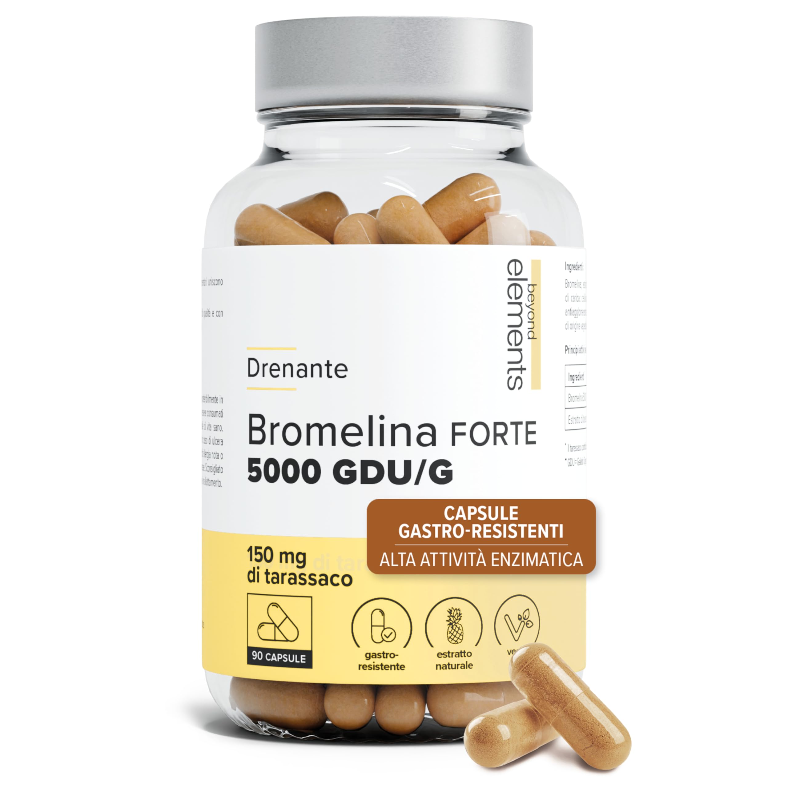 Bromelina Extra Forte Drenante 5000 GDU/g – Alto Dosaggio con Tarassaco – Integratore Gastro-Resistente per il Drenaggio dei Liquidi & il Supporto Digestivo – 90 Capsule Vegetali – Beyond Elements
