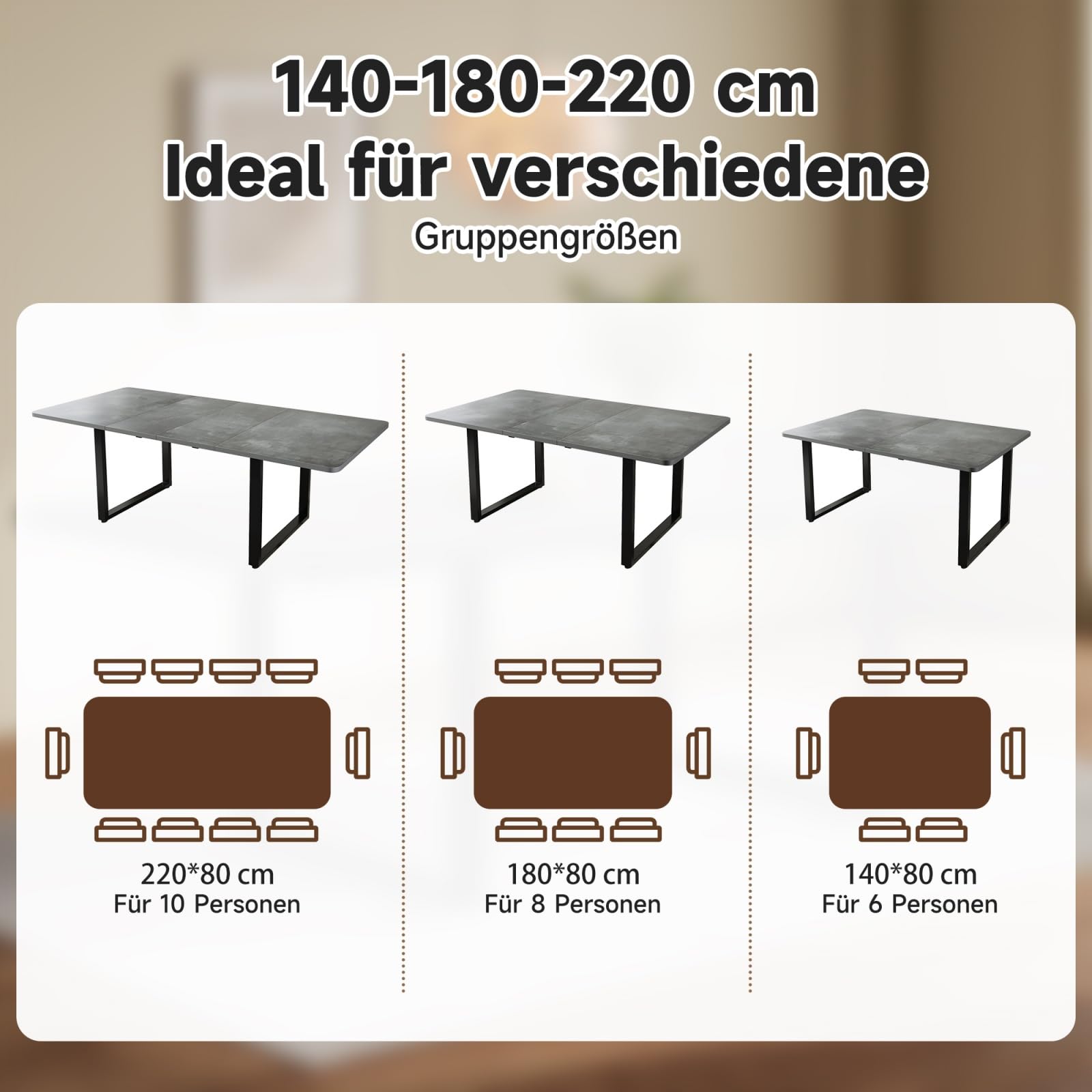 Table à Manger Extensible 140/180/220x80cm pour 6-10 Personnes,Gris