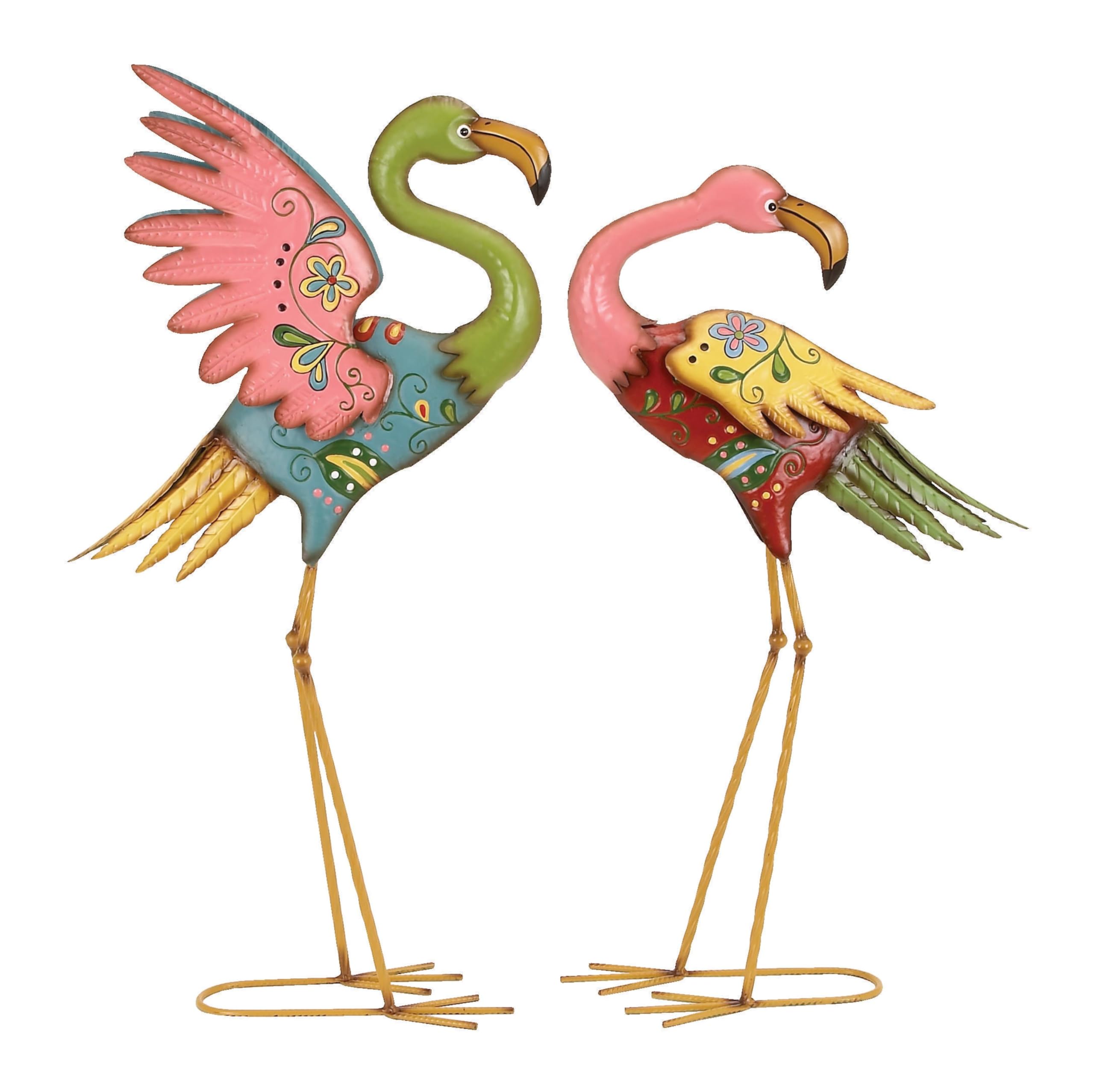 Deco 79 Metal Flamingo Decorative Garden Sculpture Indoor Outdoor Embossed Standing Garden Statues with Coiled U Shaped Feet, Set of 2 Outdoor Sculptures 28", 32"H, Multi Colored