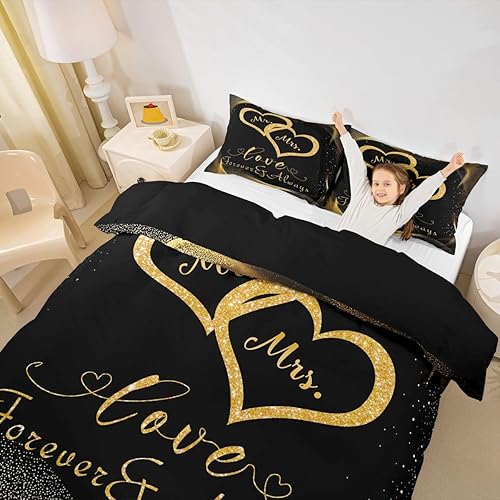 Juego de ropa de cama para parejas, funda de edredón de lentejuelas doradas con purpurina dorada, funda de edredón con estampado de corazón y lazos