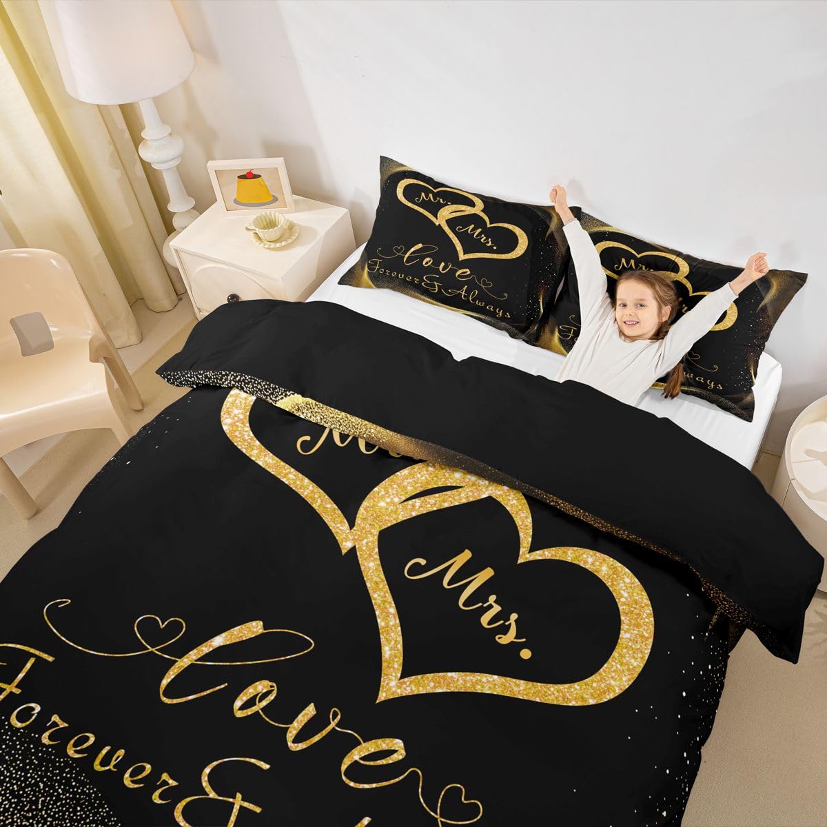 Couples Bedding Set, Mr And Mrs Comforter Cover Queen Size Gold Glitter Sequins Duvet Cover Love Heart Print Quilt Cover With Corner Ties For Valentine'S Day Gifts, Birthday Gift, Black Gold