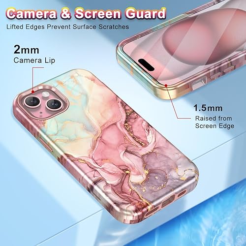 Miniatura 4 de Btscase Funda para iPhone 15 Pro de 6.1 pulgadas (2023), patrón de mármol 3 en 1, resistente a prueba de golpes, cuerpo completo, policarbonato