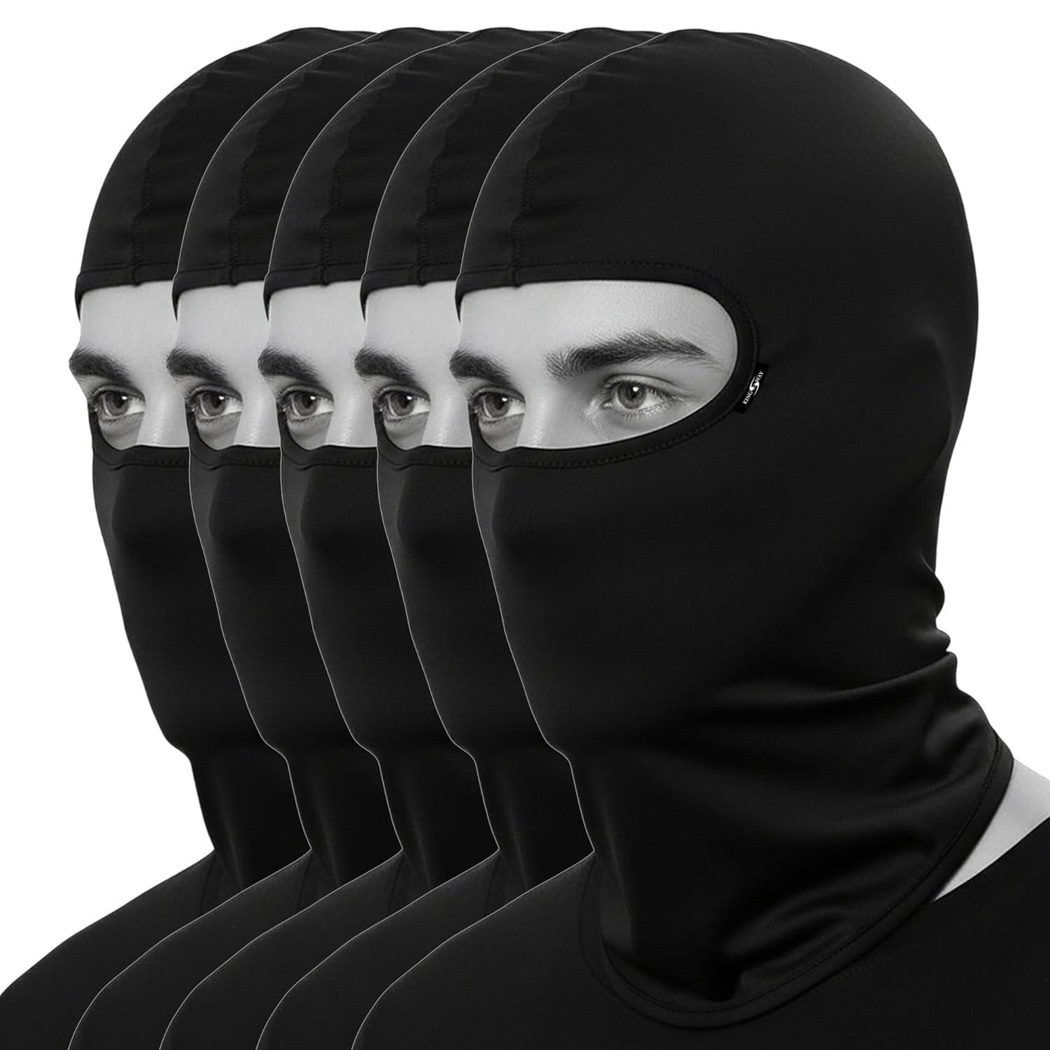 KINGSWAY Black Balaclava Face Mask for Bikers Pack of 5 – Premium Cool Pass 4-Way Stretch Full Face Cover Helmet Liner for Dust, Sweat & UV Protection, Super Comfort Riding Accessories for Men & Women