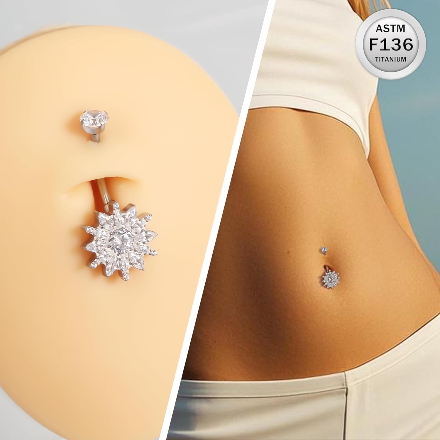 Ruifan ASTM F136 Titanium Belly Button Rings Flower Cubic Zircon Hypoallergenic Internally Threaded 14G Navel Body Piercing Jewelry 10mm 12mm 14mm For Women - Image 3