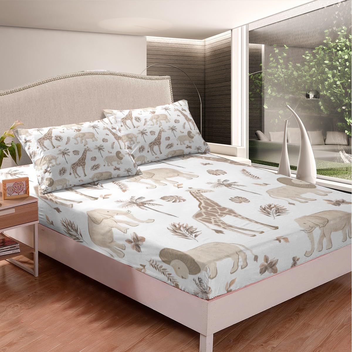 Feelyou Safari Animal Bedding Sets Kids Boys Girls Elephant Lion Giraffe Bed Sheets Queen Size Jungle Animals Fitted Sheet Set Hunter Brown Rust Wildlife Room Decor