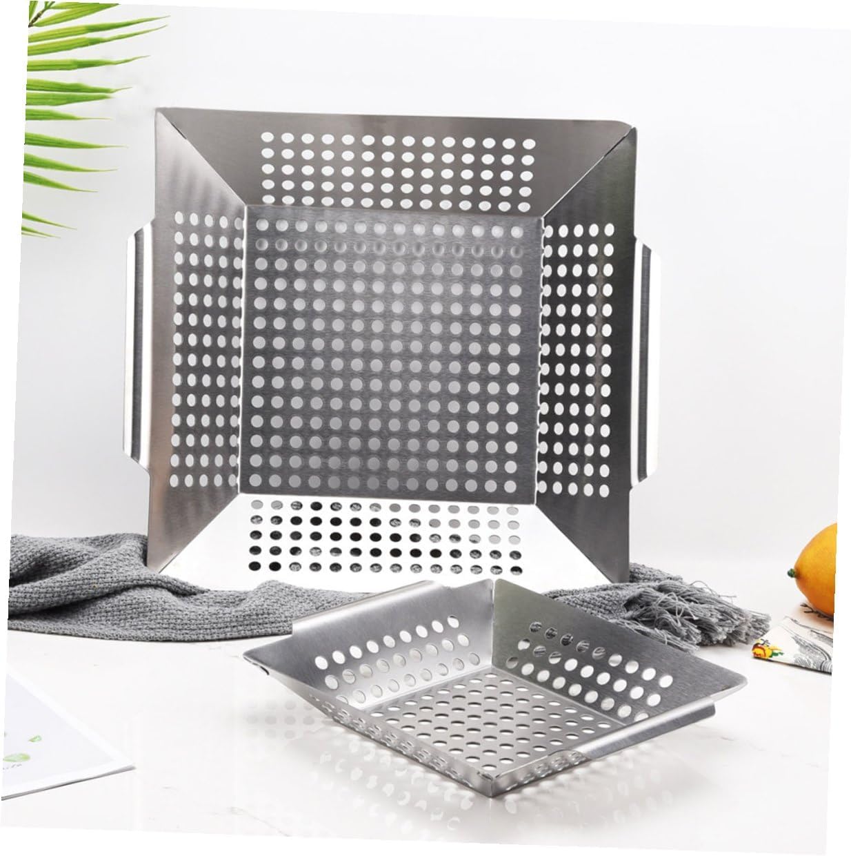 Stainless Steel Bbq Grill Baskets Set, 8" and 12" Vegetable Grilling Baskets for Outdoor Barbecue, Multipurpose Portable Bbq Storage Accessories for Grilling Vegetables and Meat
