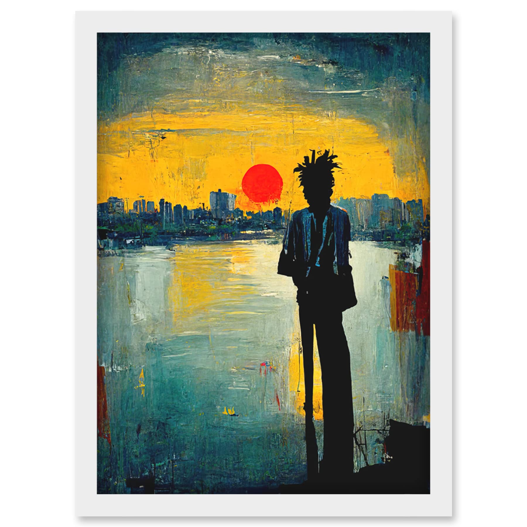 Doppelganger33 LTD Dramatic Sunset Silhouette City Skyline Lake Oil Painting Artwork Framed Wall Art Print A4