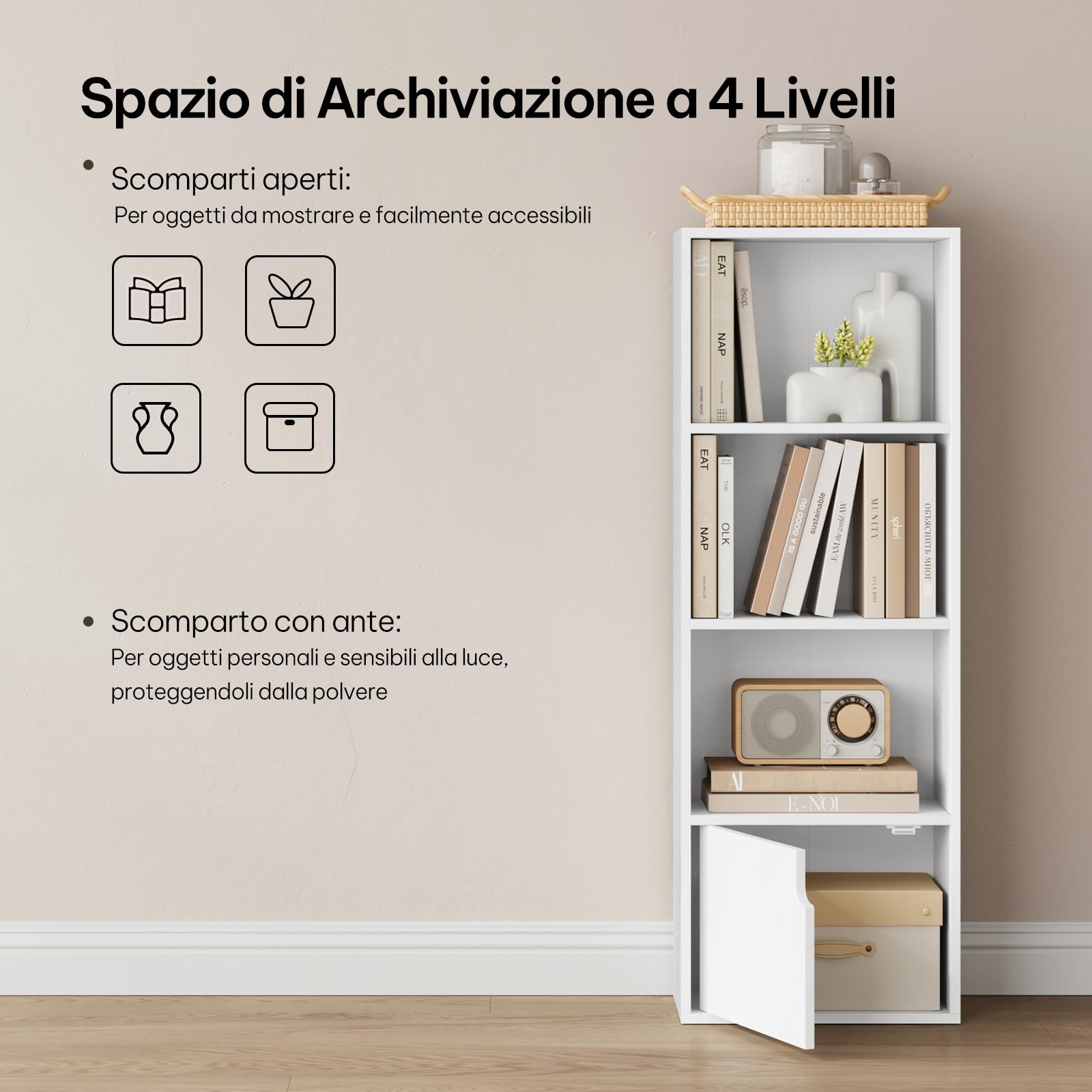 eSituro Libreria 3 Scomparti 1 Armadietto 34x24x106 cm Bianco | Verticale; Truciolare e MDF; Salvaspazio; Studio ufficio; Montaggio facile