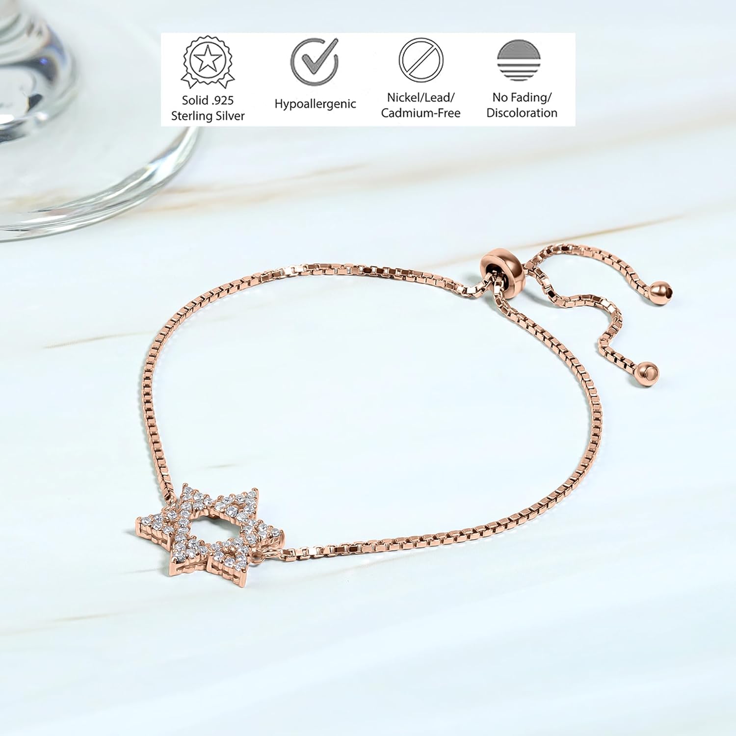 Hoops & Loops Sterling Silver Cubic Zirconia Star of David Adjustable Bracelet