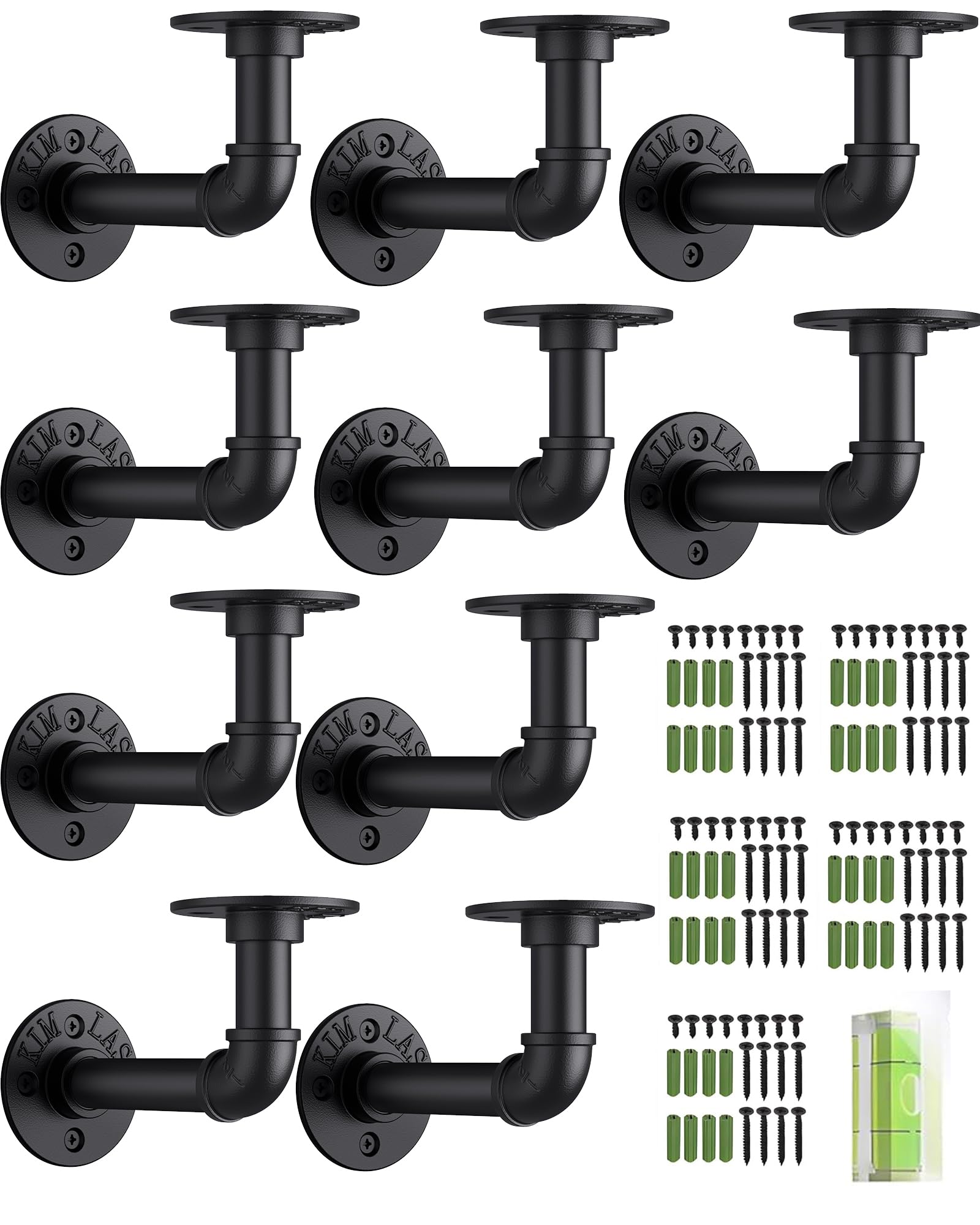 HOMGEN 10Pack Pipe Shelf Brackets Industrial Pipe Floating Shelf Brackets Withstand 20KG Heavy Duty Brackets with Screw Accessories Iron Wall Brackets for Bookshelf Scaffolding Board (15 X 8 cm)
