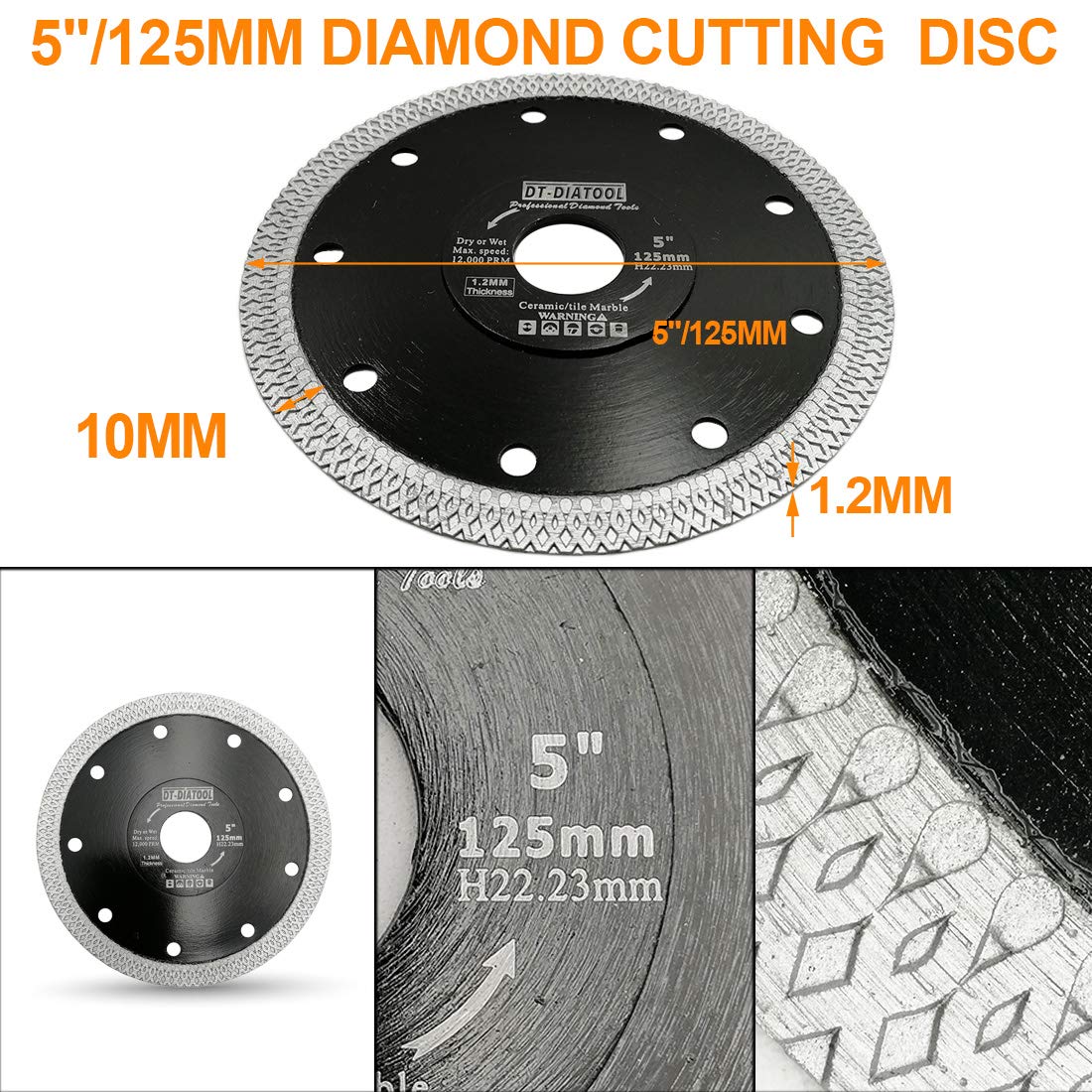 DT-DIATOOL Diamentowe ostrze piły 5 szt., 125 mm, tarcza tnąca z siatką X, turbo, do płytek porcelanowych, marmuru, ceramicznego granitu