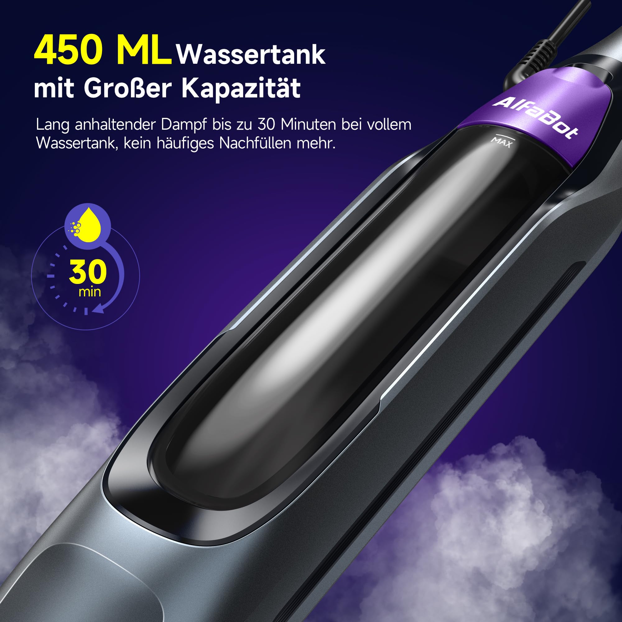 AlfaBot F2 Dampfreiniger – Dampfbesen mit 99,9%iger Desinfektion von Keimen und Bakterien, Dampf in 20s bereit, 450 ml, für alle Arten von Hartböden, ohne Verwendung von Reinigungsmitteln