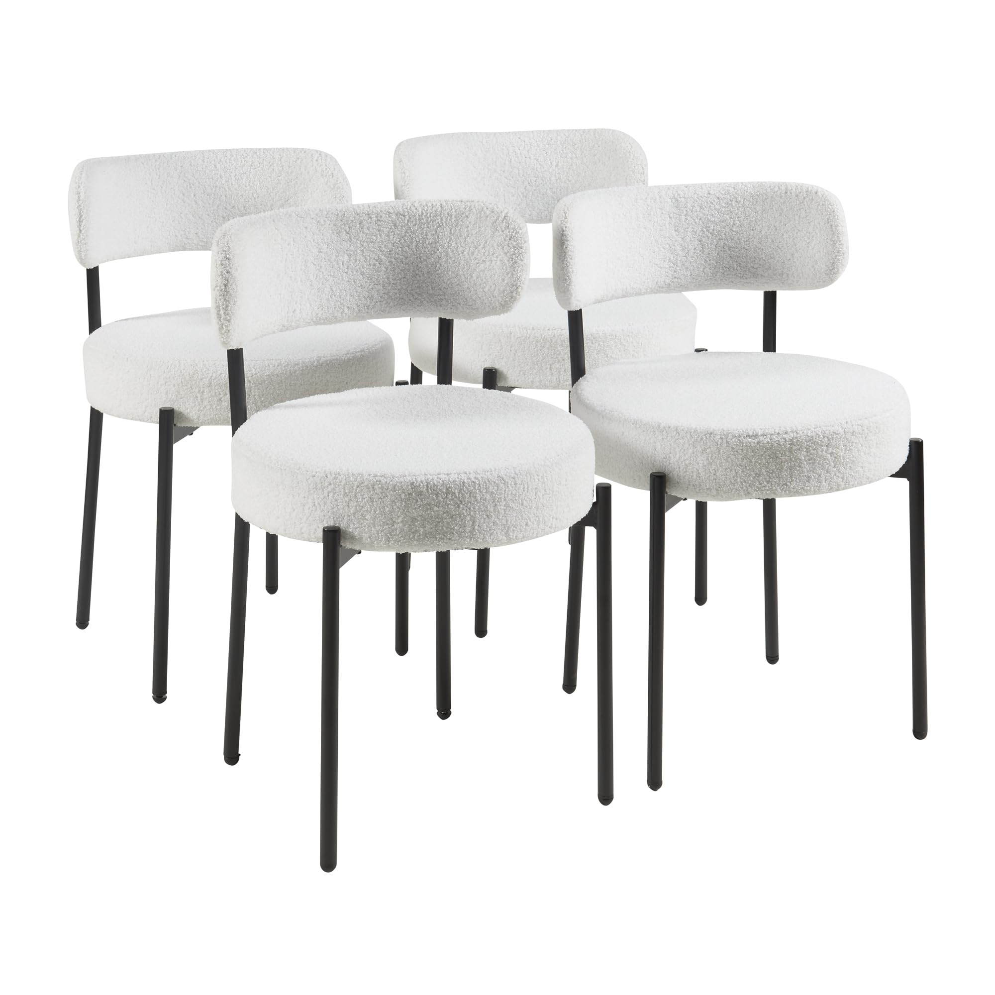 Panana Set of 4 Modern Dining Chairs, Mid-Century Round Upholstered Boucle Chairs for Dining Room, Kitchen (White)