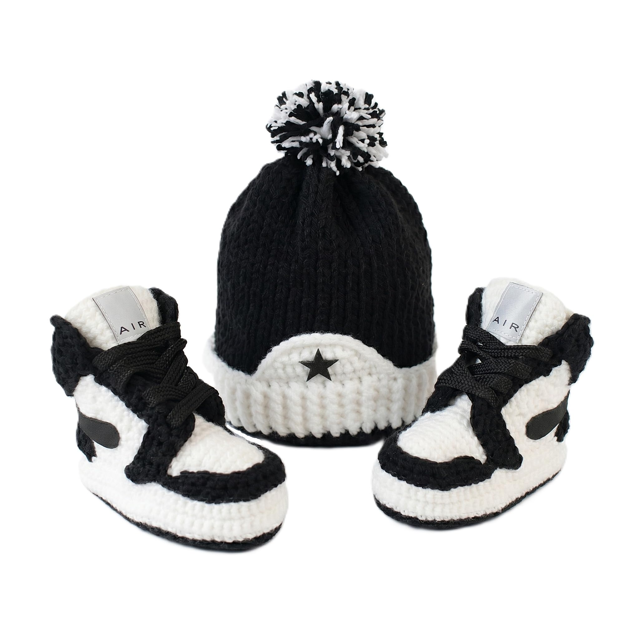 Häkel Baby Jordan Sneaker Booties und Mütze Set Schwarz Weiß für Neugeborene Jungen Mädchen, Basketball High-Top Krabbelschuhe, Heimkehr-Outfit, Babyparty Geschenk, 0-3M 3-6M 6-9M 9-12M
