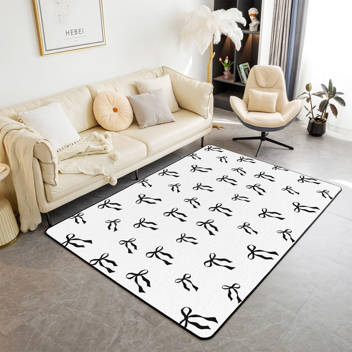 Erosebridal Kids Cartoon Bowknot Carpet Black Bow Princess 4'11" x 3'3" Area Rug Butterfly Knot Bow Tie Indoor Floor Mat for Women Girls Simple Black and White Decorative Rug