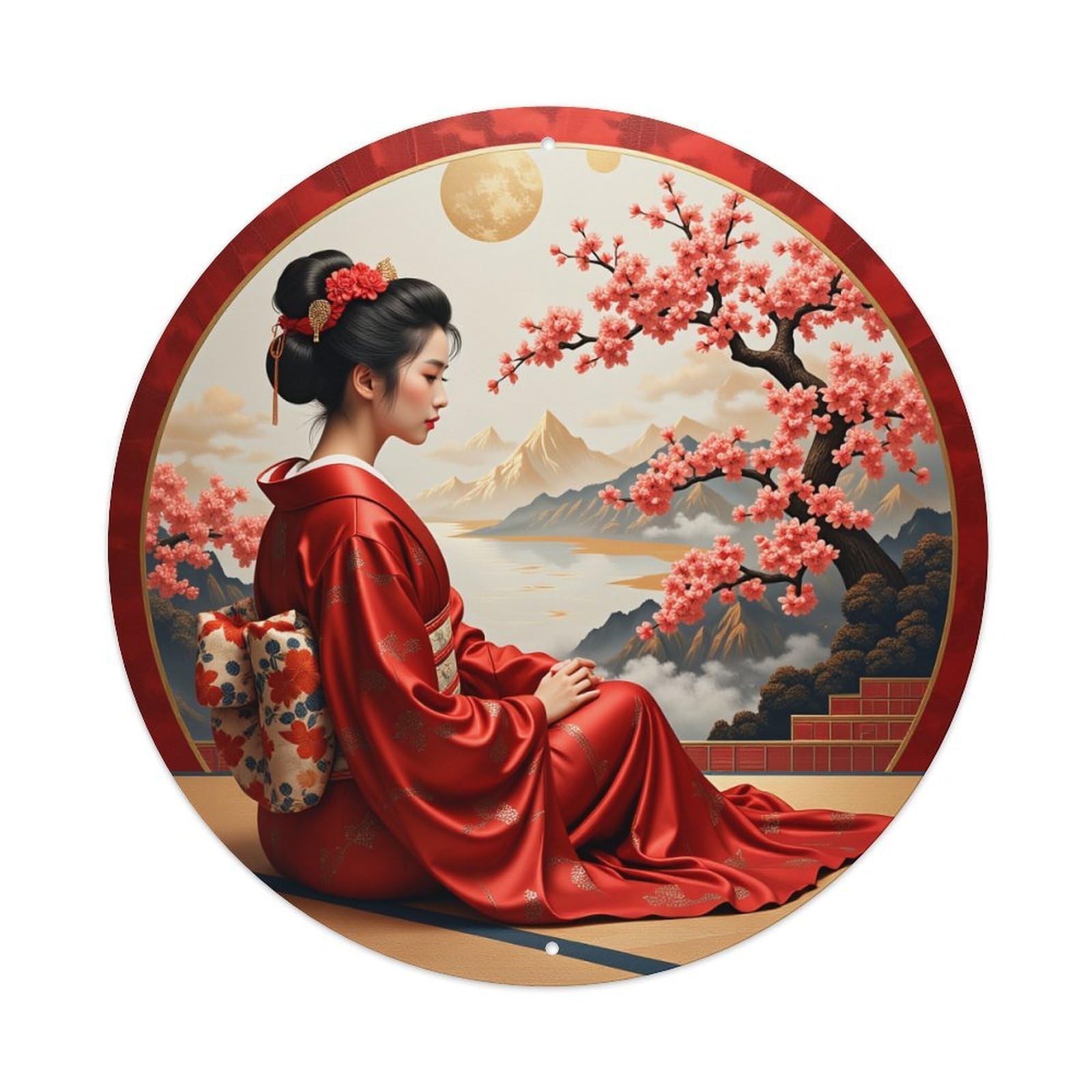 Cherry Blossom Mountain Moon Kimono Round Tin Sign Vintage Metal Poster, Home Bar Garage Man Cave Cafe Indoor & Outdoor Wall Decoration 8x8Inches