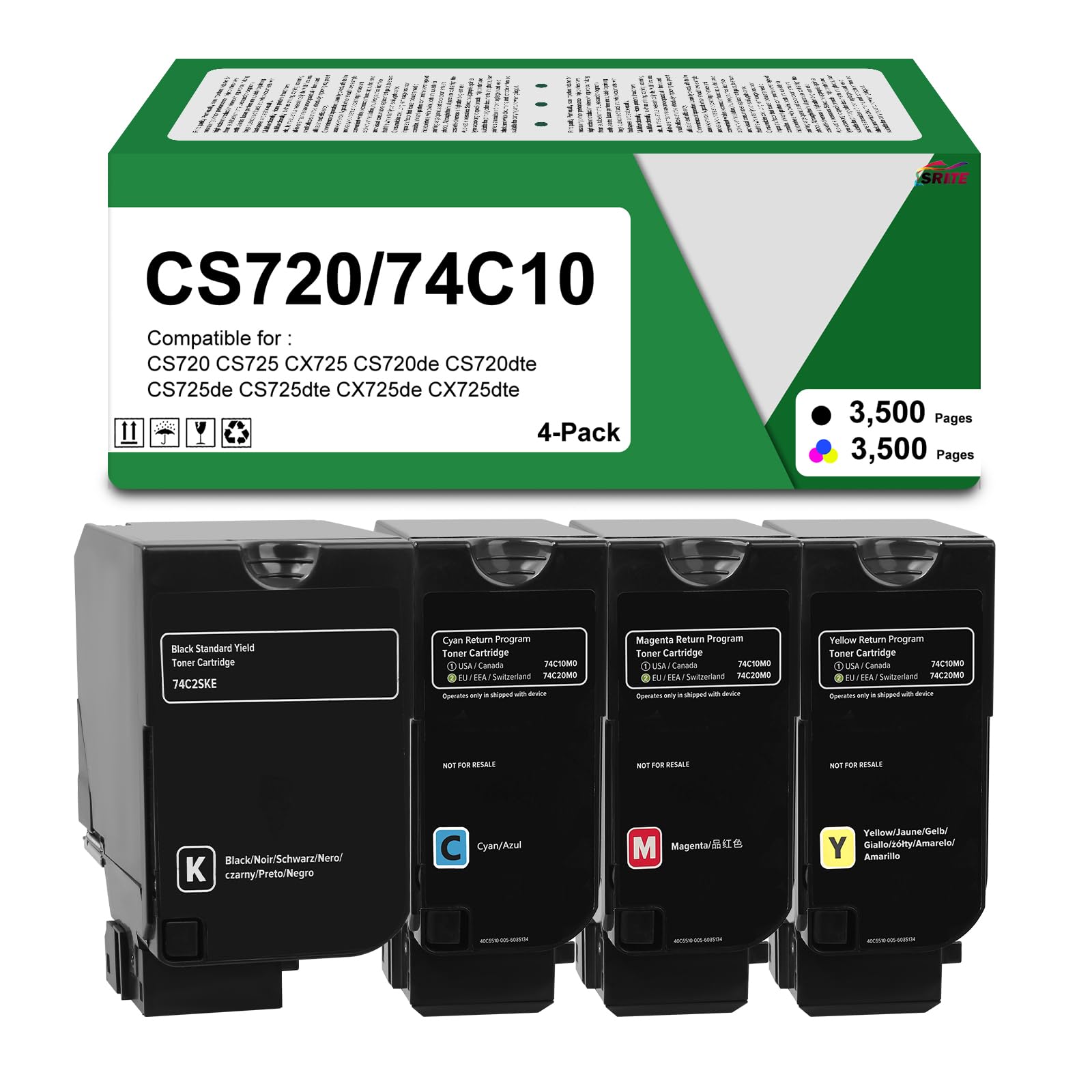 SRITE CS720 CS725 CX725 Toner Cartridge High Yield 74C10K0 74C10C0 74C10M0 74C10Y0 Replacement for Lexmark CS720 CS720de CS720dte CS725 CS725de CS725dte CX725 CX725de CX725dte Printer (4-Pack)