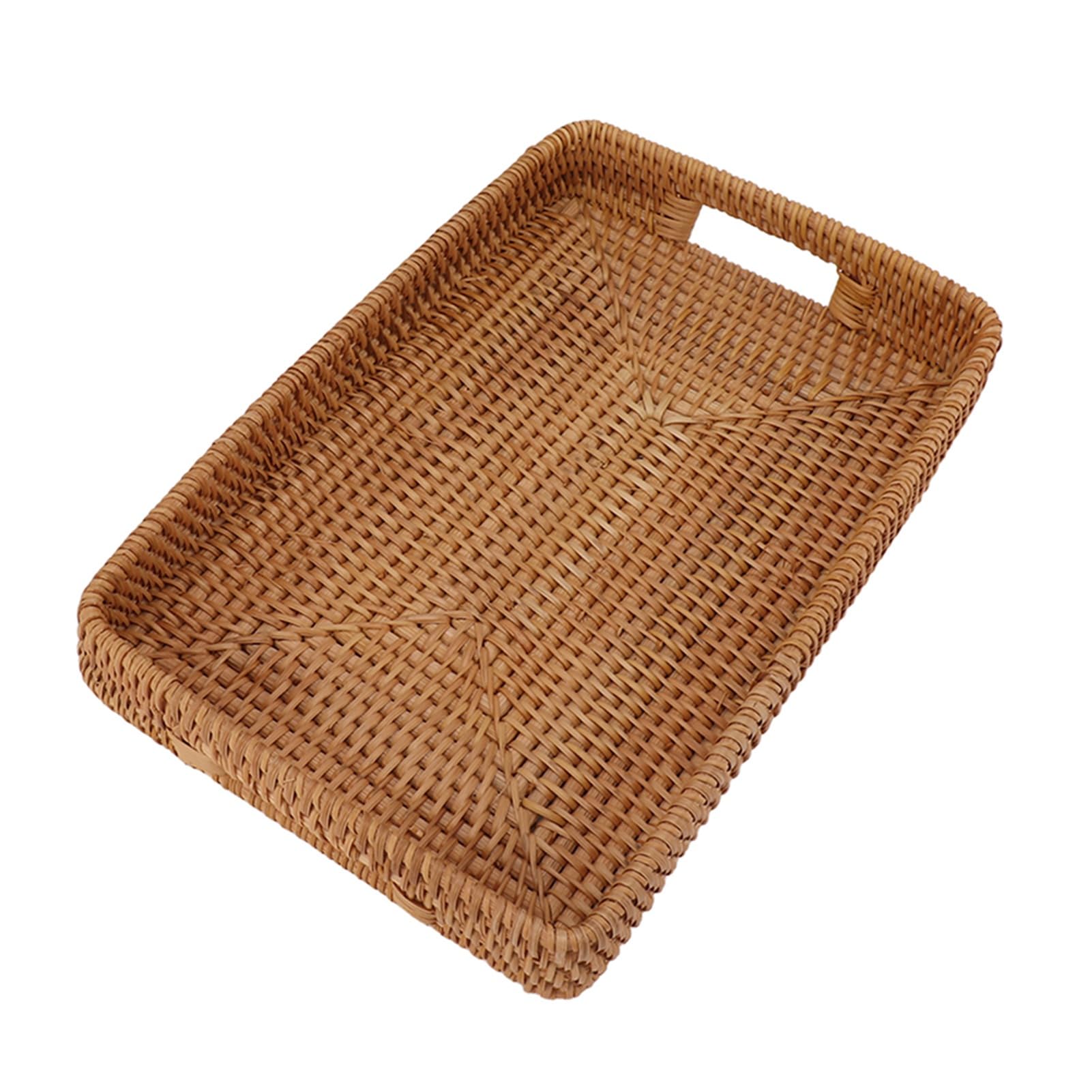 Jiawu Bandeja de Mimbre para Servir con Asas, Bandeja Decorativa Rectangular de Gran Capacidad para Frutas, Postres, Cocina y Hogar (L)