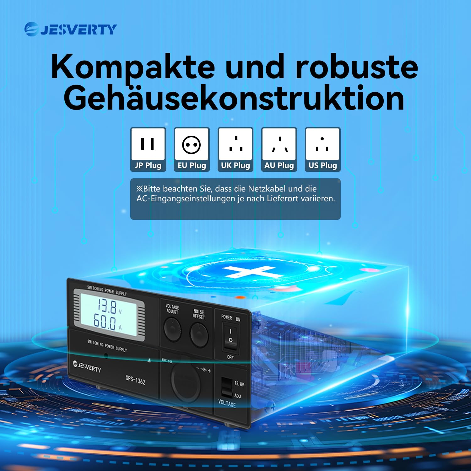 Universelles kompaktes Tischnetzteil – 60 Ampere geregelter Wechselstrom-Gleichstrom-Wandler für Heimlabore, 13,8 Volt, Lüfter, Schraubklemmen – Jesverty SPS-1362