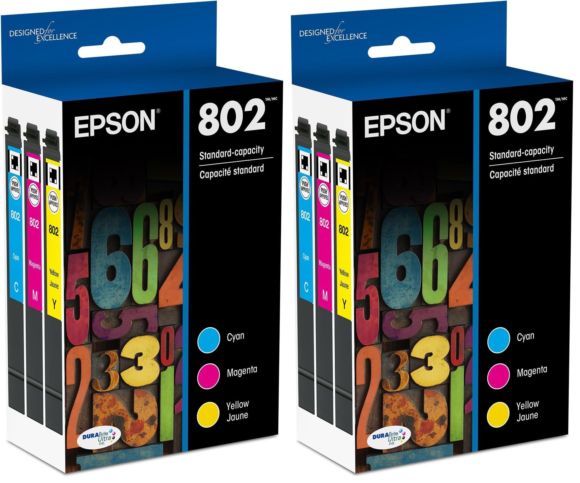 Epson 802 DURABrite Ultra Ink Standard Capacity Color Combo Pack (T802520-S) Works with Workforce Pro WF-4720,4730,4734,4740,(Pack of 2)