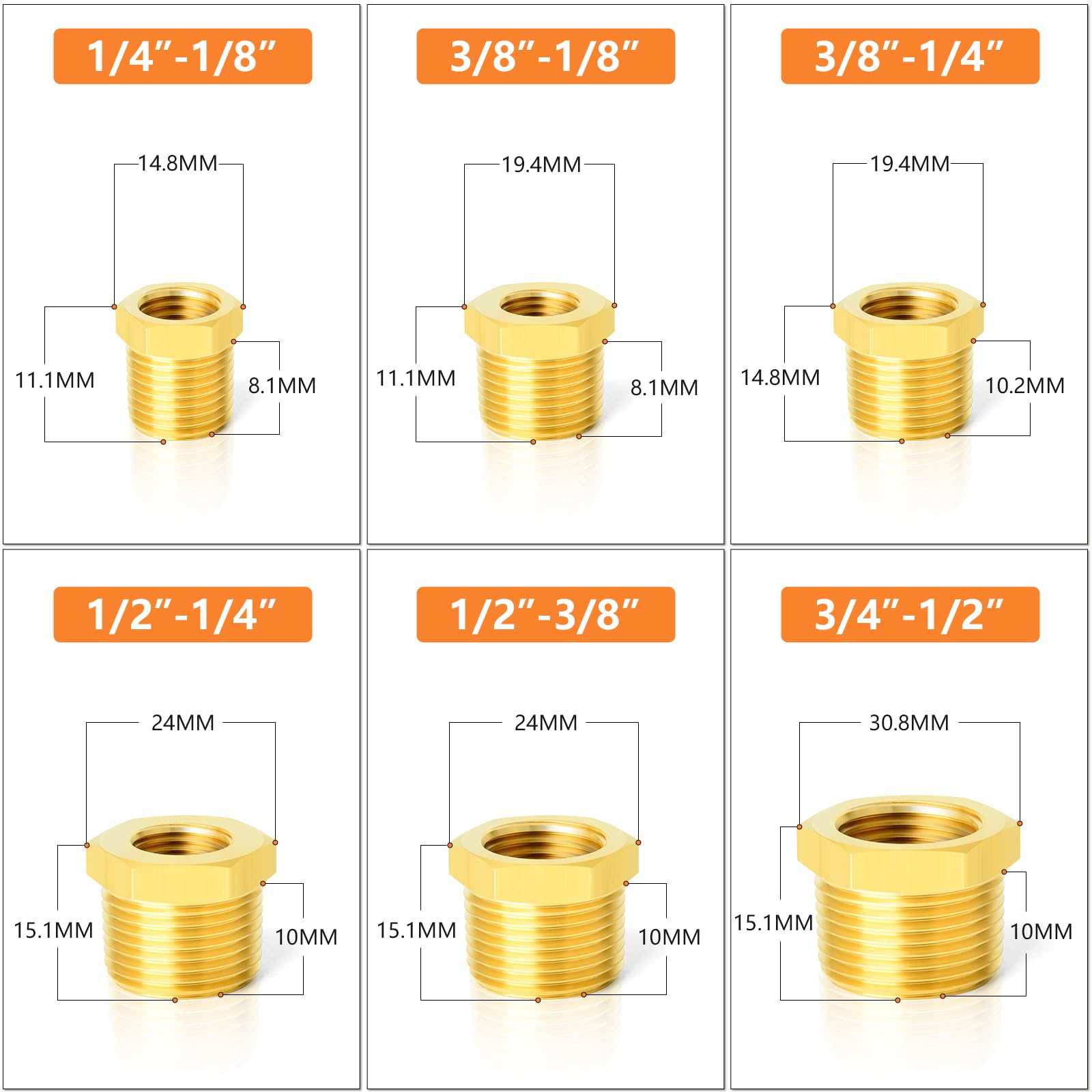 GASHER 12pezzi latón hexagonal buje Kit de montaje hexagonal buje 1/4"- 1/8", 3/8"- 1/8", 3/8" - 1/4", 1/2" - 1/4", 1/2" - 3/8", 3/4" - 1/2"