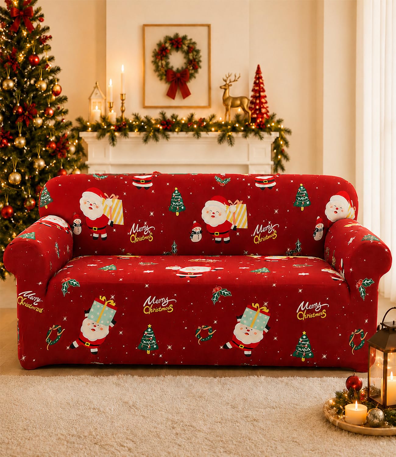 Hearda Christmas Sofa Cover 1 Seater, Stretch Christmas Sofa Covers Polyester Fabric for Festive Home Décor, Universal Soft Slipcover with Elastic Bottom