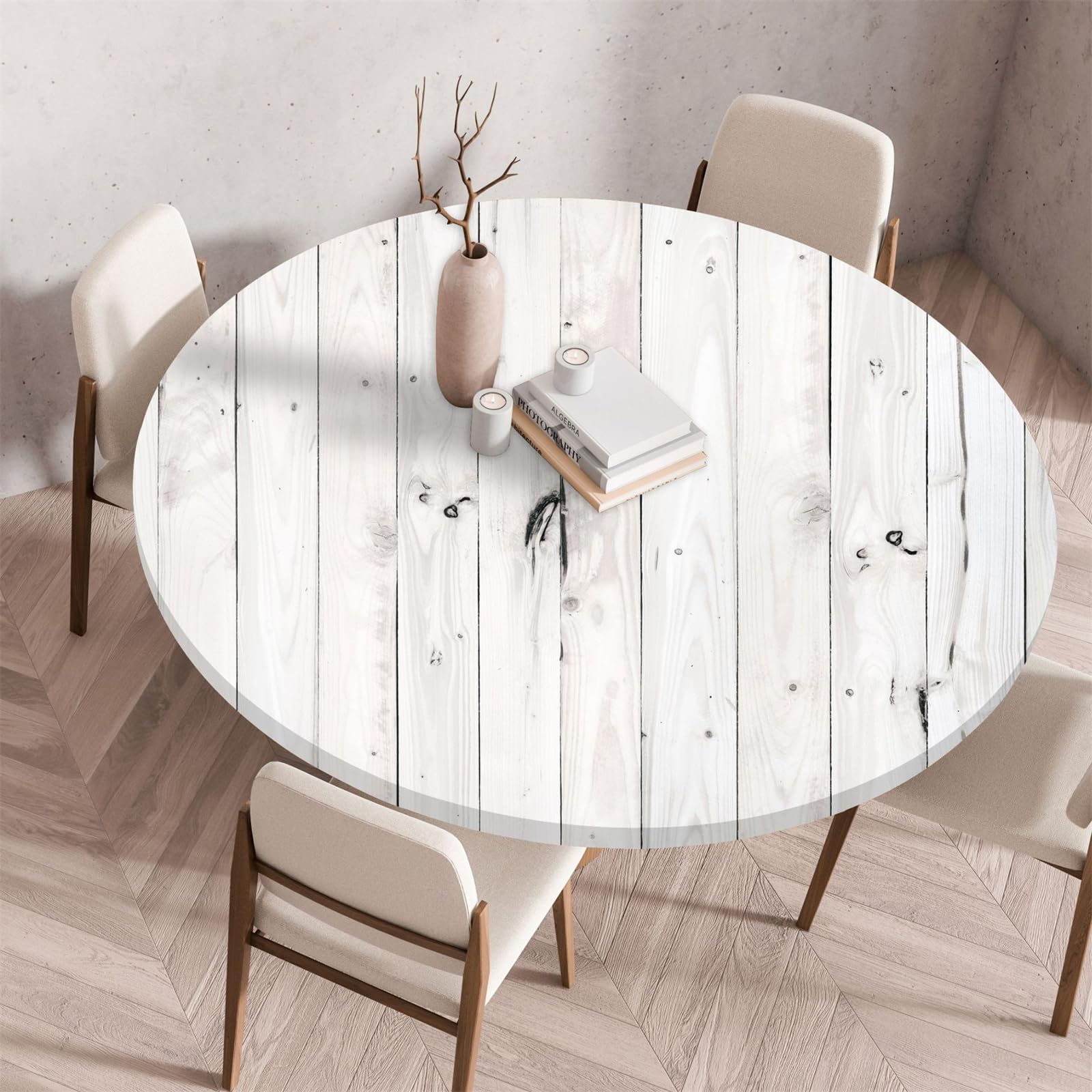 Muiuou Round Tablecloth, Wood Texture Printing Reusable Waterproof Oil-Proof Elastic Round Table Cover Cloth, Fitted Kitchen Restaurant Picnic Home Decoration — image 1