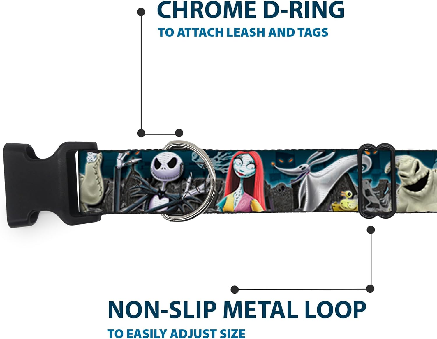 Buckle-Down Plastic Clip Collar - Nightmare Before Christmas 4-Character Group/Cemetery Scene - 1.5" Wide - Fits 18-32" Neck - Large
