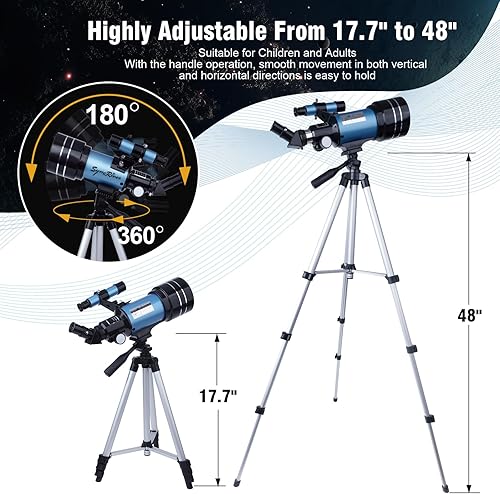 Miniatura 5 de Telescopio, apertura de 2.756 in (15X-150X) telescopios refractores portátiles para adultosniñosprincipiantes en astronomía, telescopio de viaje