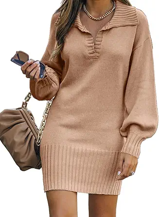 BTFBM Women Casual V Neck Knit Mini Fall Sweater Dresses Long Sleeve Loose Fit Solid Color Ribbed Pullover Jumper Sweaters
