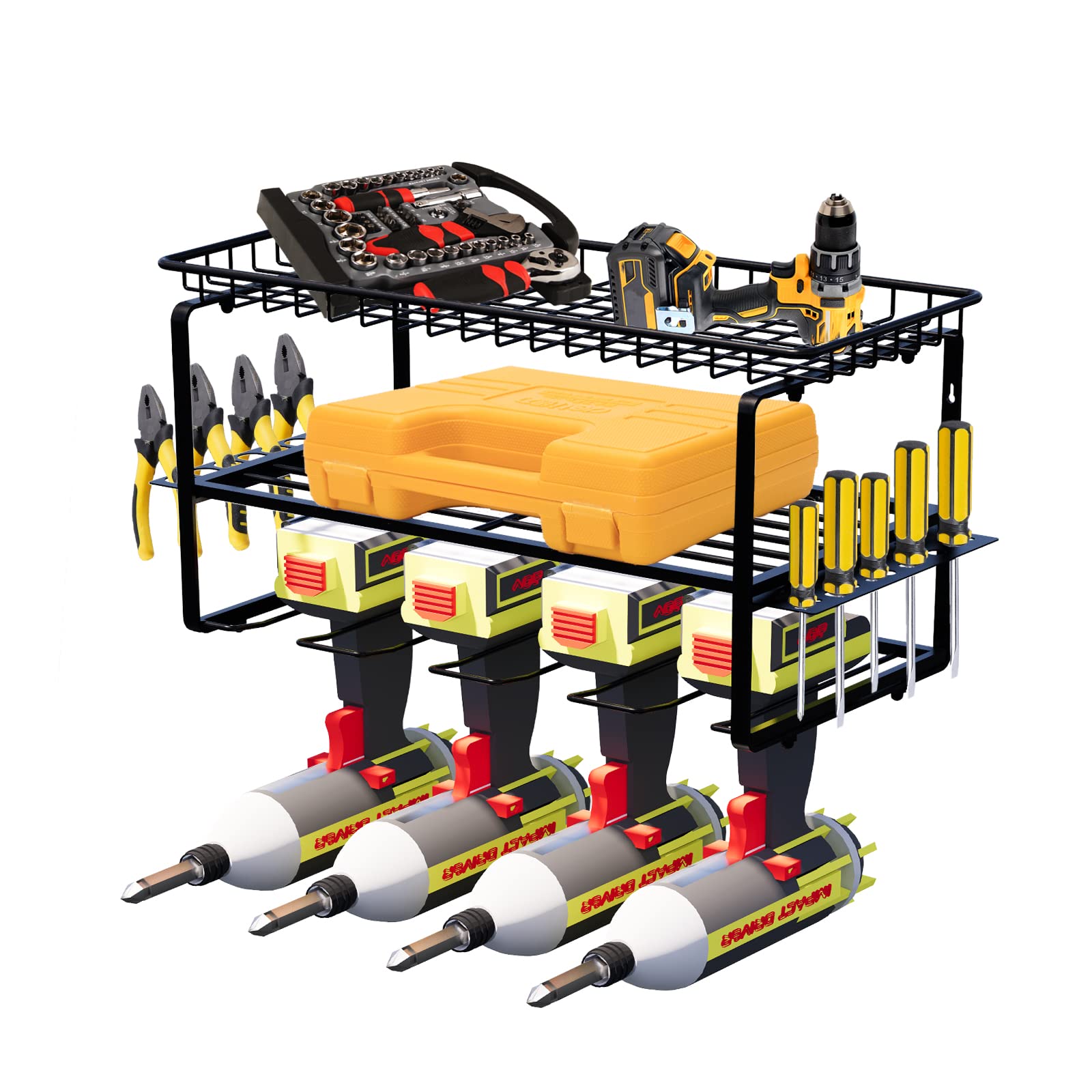 Grandhom Power Tool Organizer,Cordless Drill Rack Wall Mount,Drill Holder with 4 Drill Hanging Hooks,3 layers Metal Drill Storage Rack with Screwdriver Holder and Pliers Rack,Black
