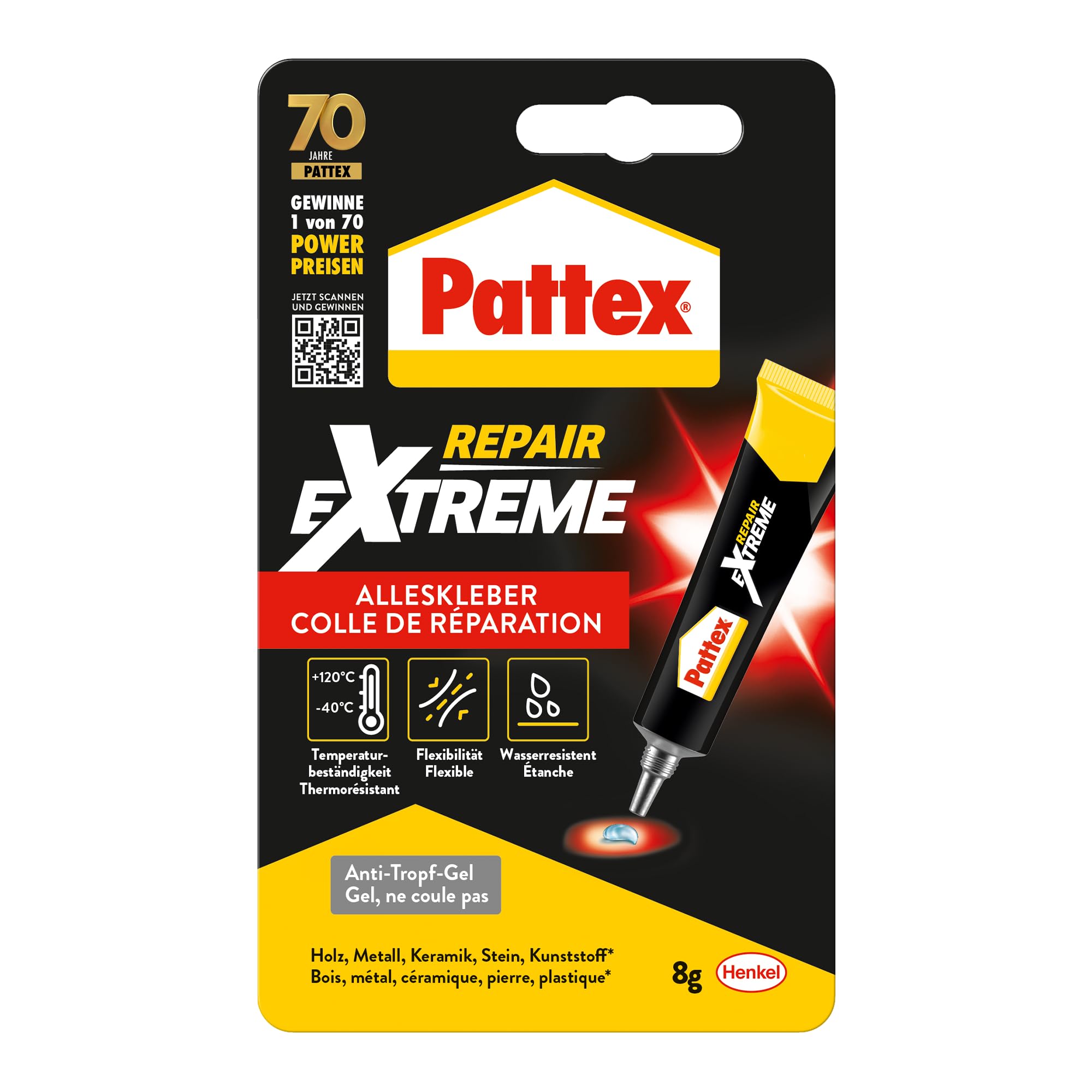 Pattex Repair Extreme, nicht-schrumpfender und flexibler Alleskleber, temperaturbeständiger Reparaturkleber, starker Kleber für innen und außen, 1x8g Tube