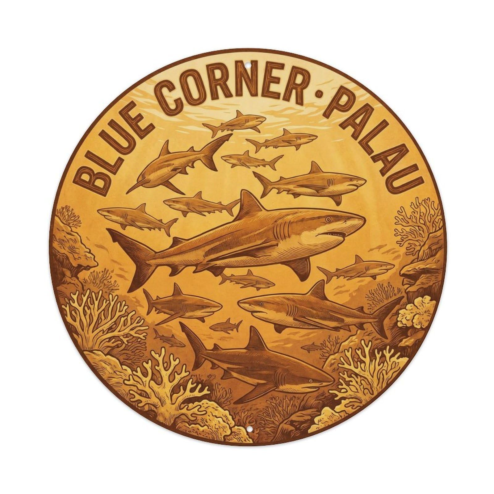 Olyhtr 8X8inch Classic Style Shark Palau Blue Corner Warm Amber Woodblock Metal Tin Sign