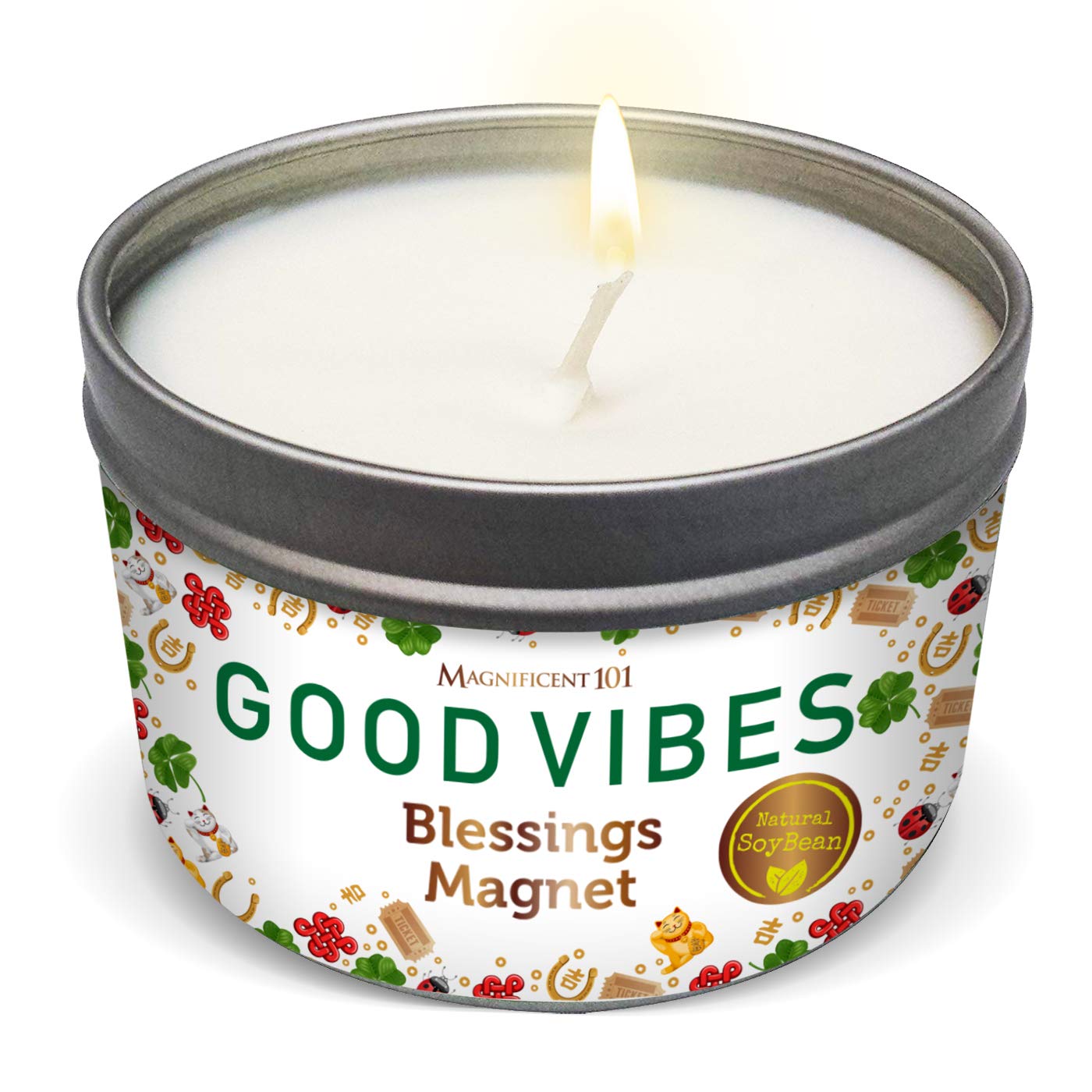 MAGNIFICENT 101Good Vibes Aromatherapy Candle as Blessings Magnet - Sage, Bergamot, Sandalwood Scented Natural Soybean Wax Tin Candle for Purification and Chakra Healing Under $20