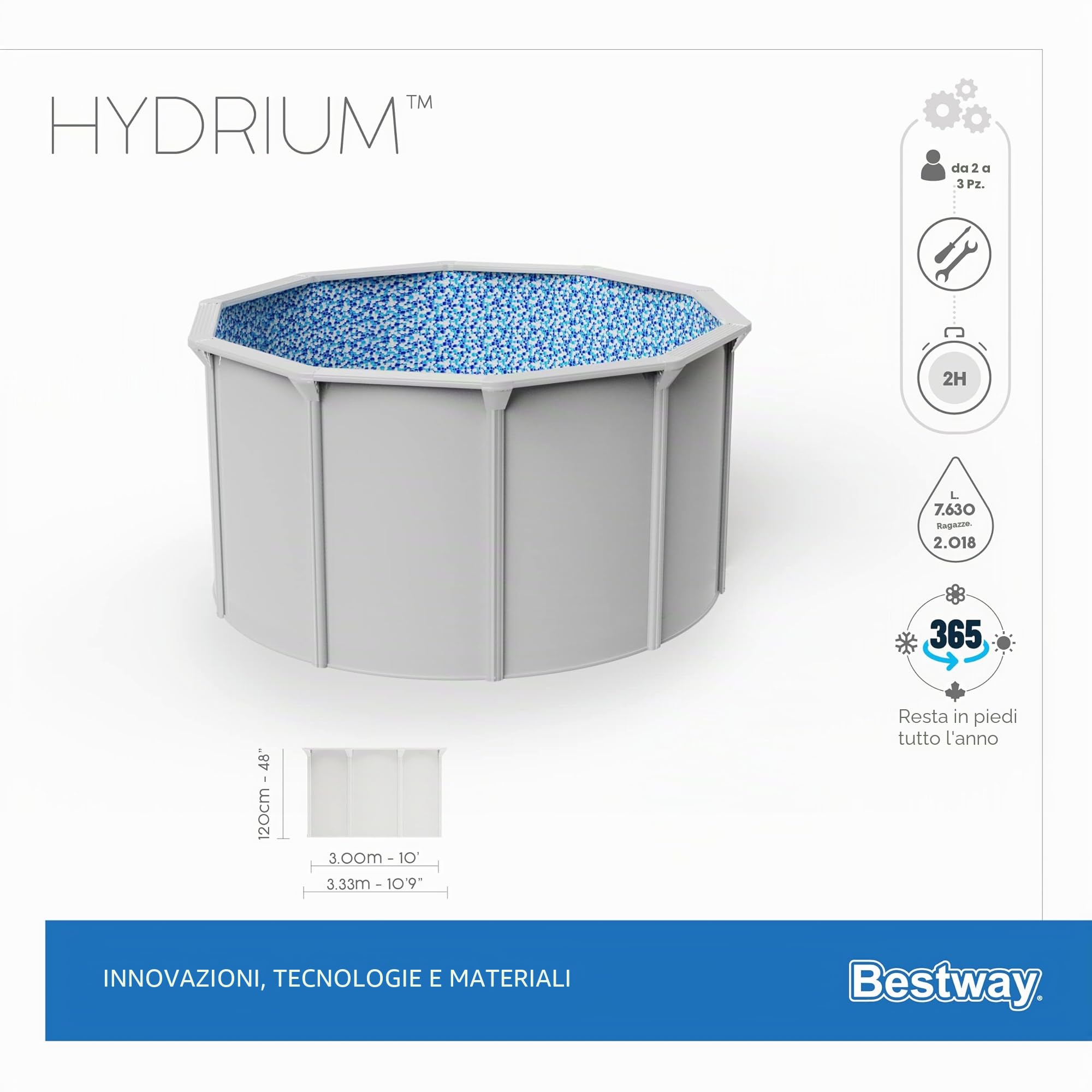 Bestway Hydrium, piscina a parete in acciaio, set completo con impianto di filtraggio a sabbia, Ø 300 x 120 cm, grigio, rotondo