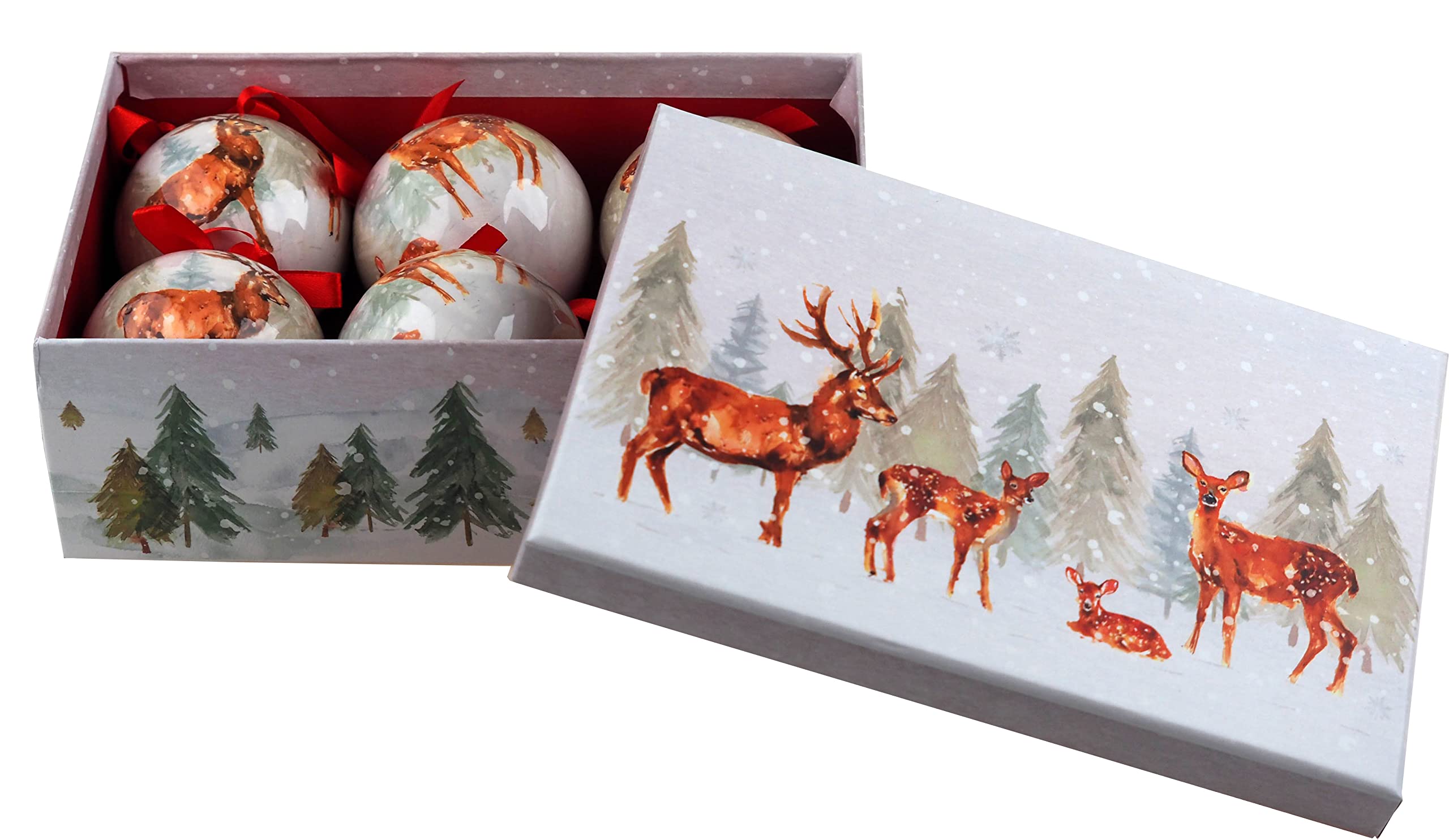 The Leonardo Collection LP52775 Christmas Forest Family Deer Baubles (Set of 6), Boxed