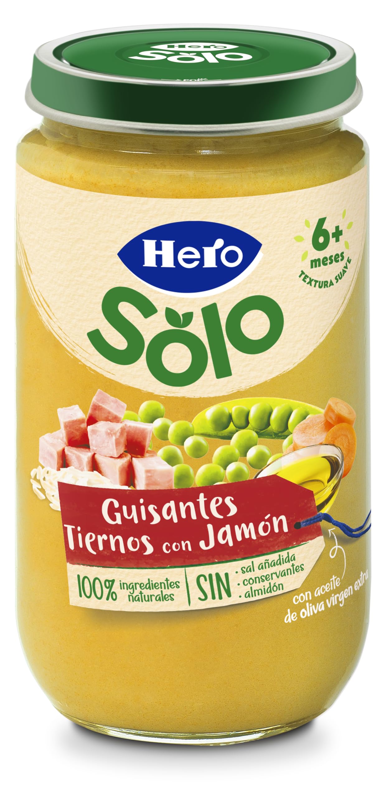 Hero Baby Tarrito Infantil Guisantes Tiernos con Jamón Sin Aceite de Palma 235 g Paquete de 12