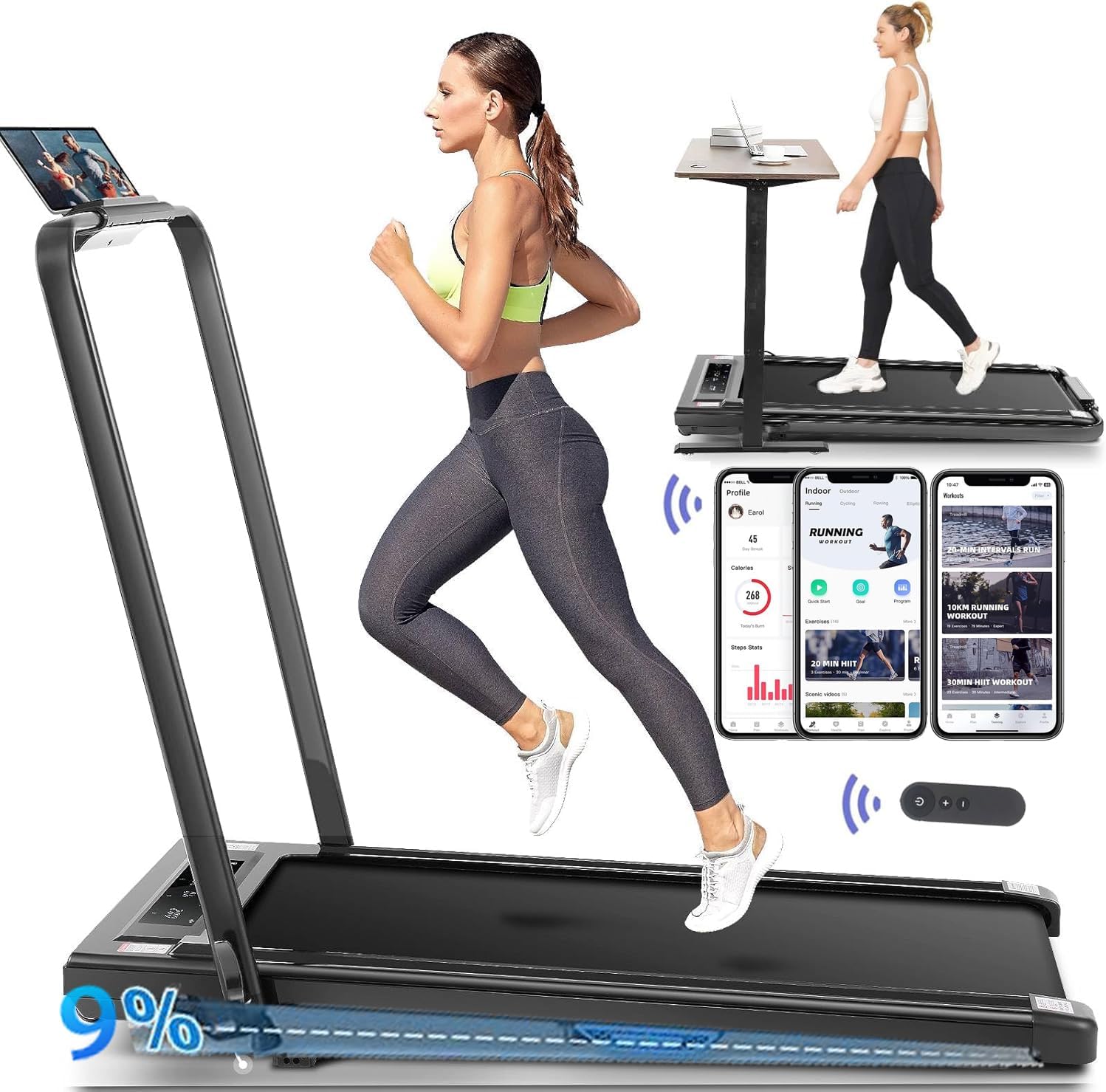 BEAPHIE 2 in1 Foldable Under Desk Treadmill-Walking Pad, LED Display MAX 3.5HP Adjustable Slope, With Remote Control&APP Controlled Home Fitness Equipment, for Home Office 6-10km | Max 110kg